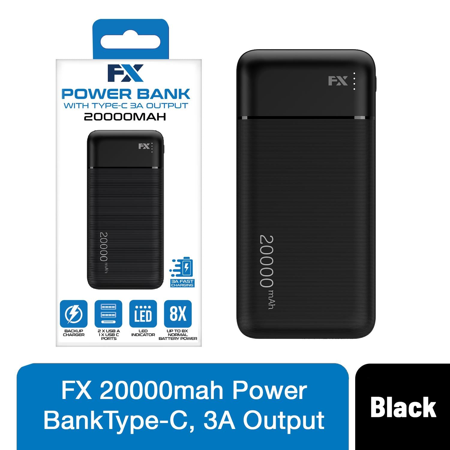 FX 20000mAh Power Bank with 3A Type-C Fast Charging, Black