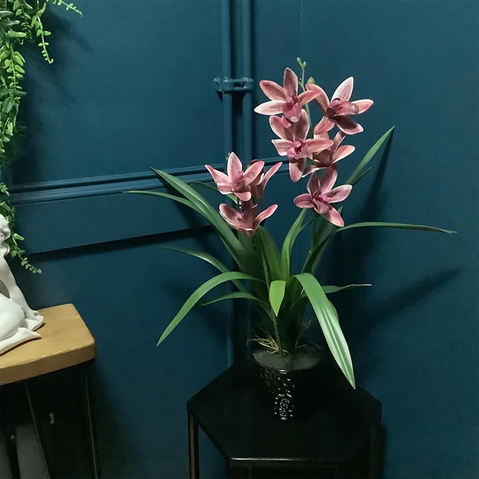 Leaf 50cm Dark Pink Artificial Orchid in Ceramic Planter, Fully Potted Ready to Display