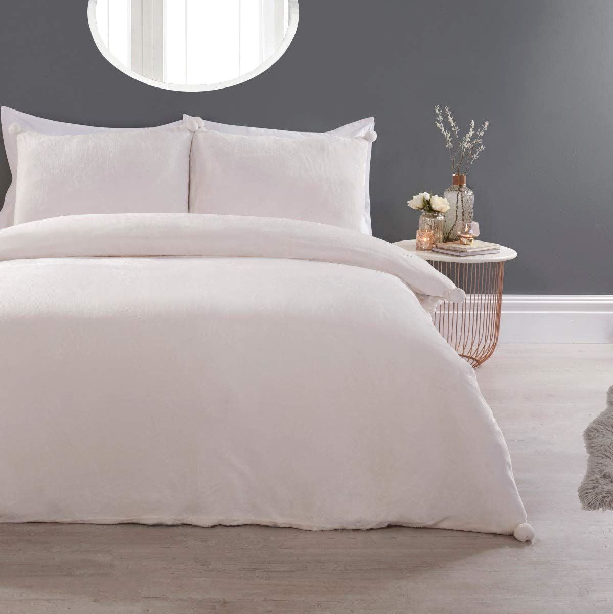 Sleepdown Pom Pom Flannel Fleece Duvet Cover Set Cream with Pillowcases