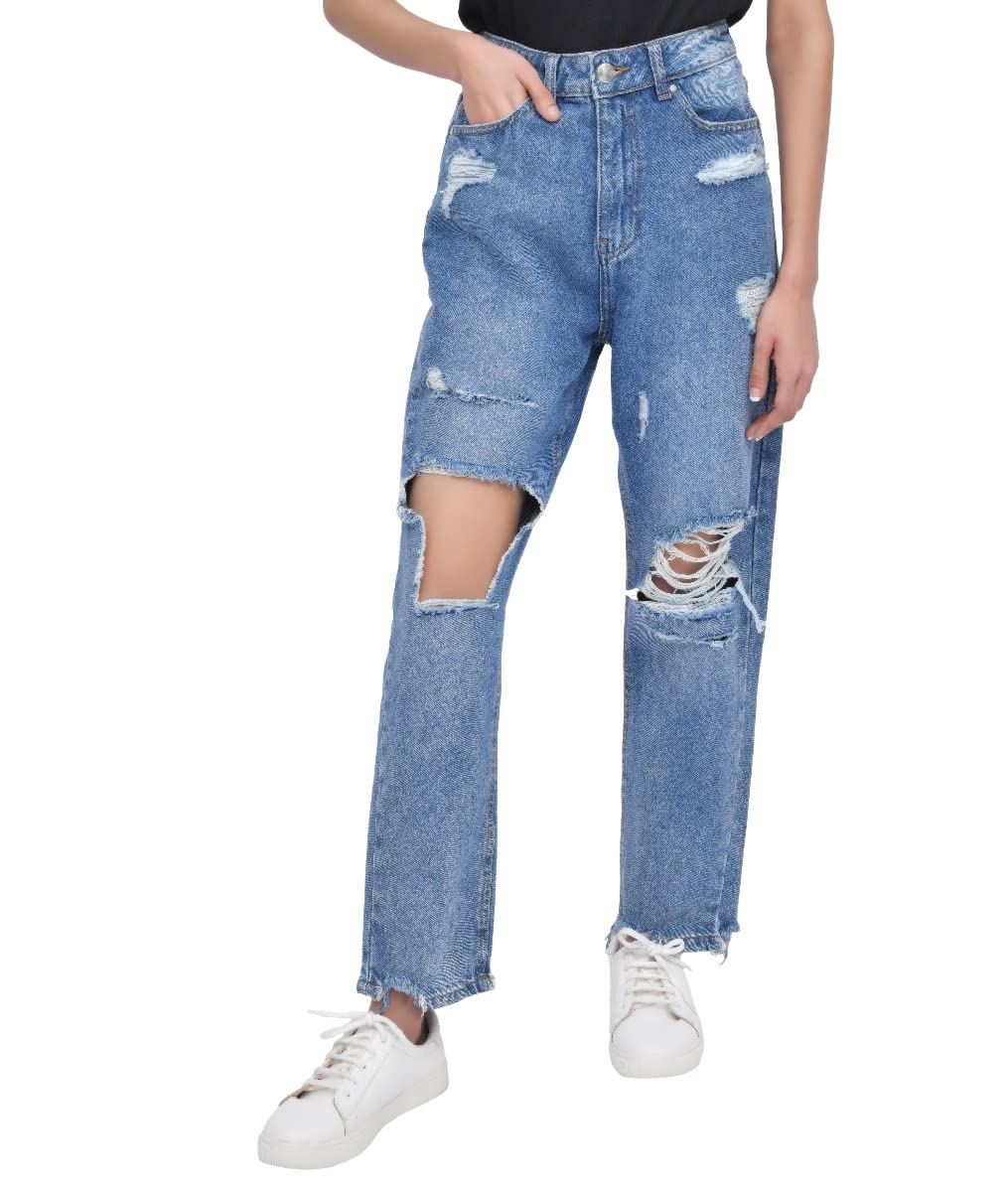 M17 Torn Hem Rip High Waisted Mom Jeans Mid Wash