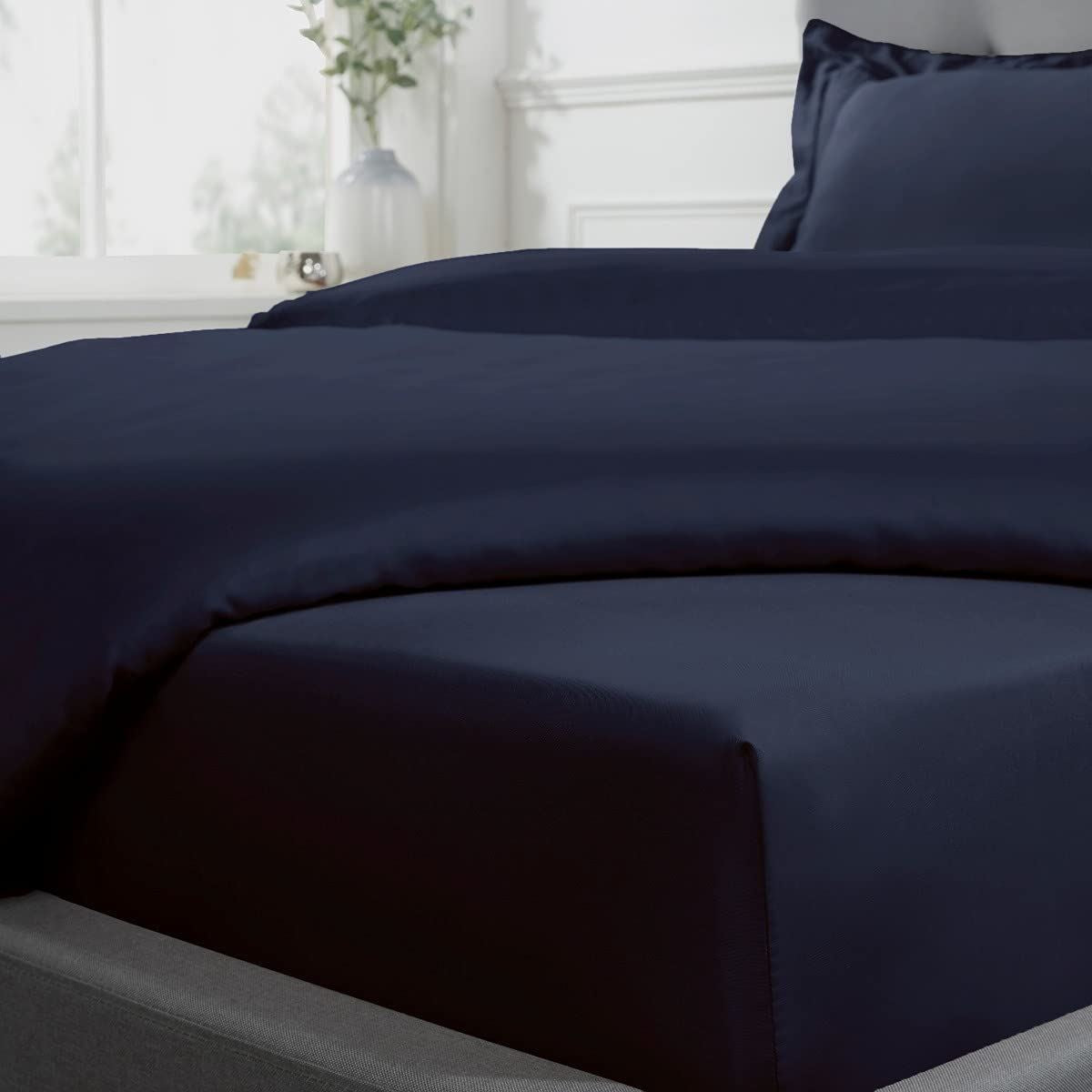 Sleepdown 300 Thread Count Cotton Sateen Extra Deep Fitted Sheet 40cm Depth Navy