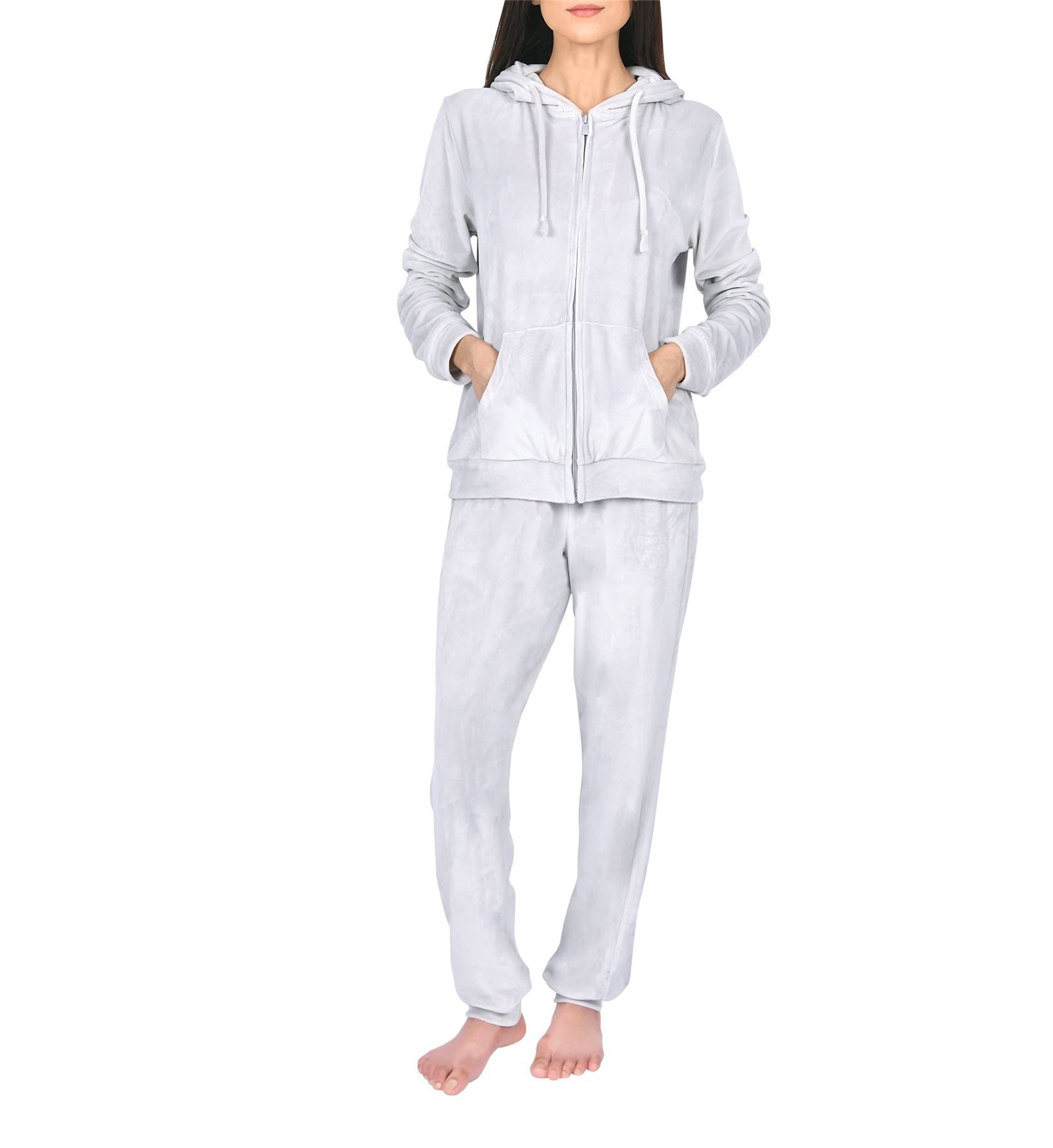 Sleepdown Women’s Grey Velour 2 Piece Tracksuit, Hooded Zip Up Long Sleeve Top with Pockets and Elasticated Waist Jogger