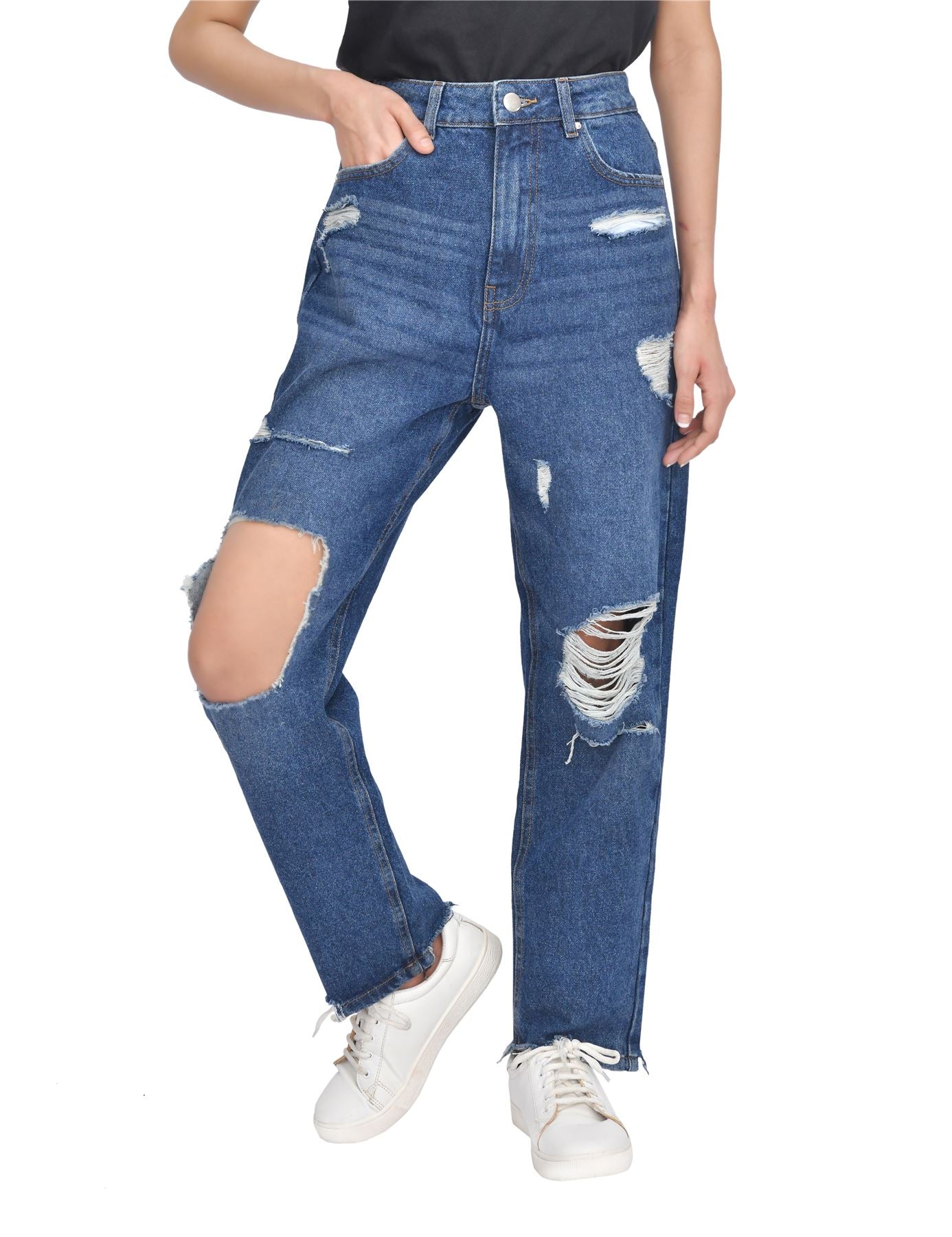 M17 High Waisted Torn Hem Rip Dark Wash Mom Jeans
