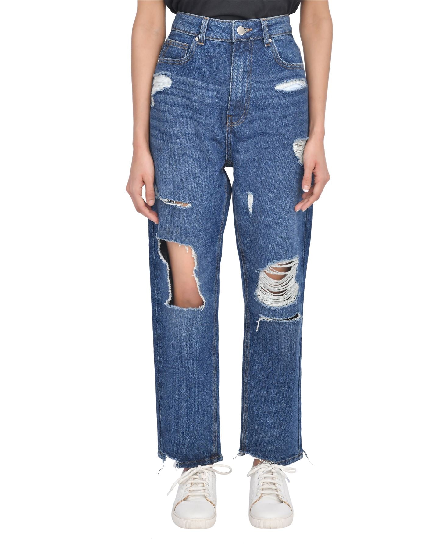 M17 High Waisted Torn Hem Rip Dark Wash Mom Jeans