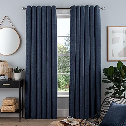 Sleepdown Navy Chenille Eyelet Curtains, Lined Ready Made, Set of 2