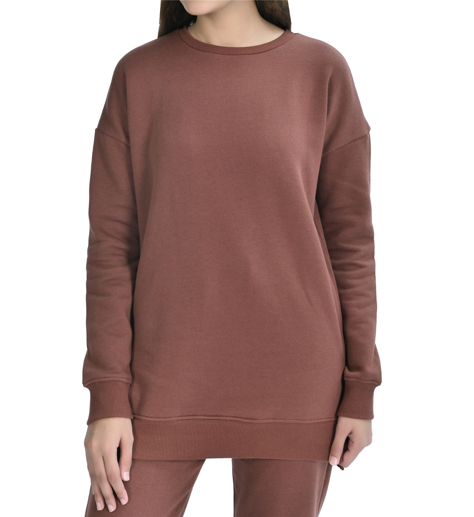 M17 Womens Classic Plain Crew Neck Sweatshirt Jumper Chocolate