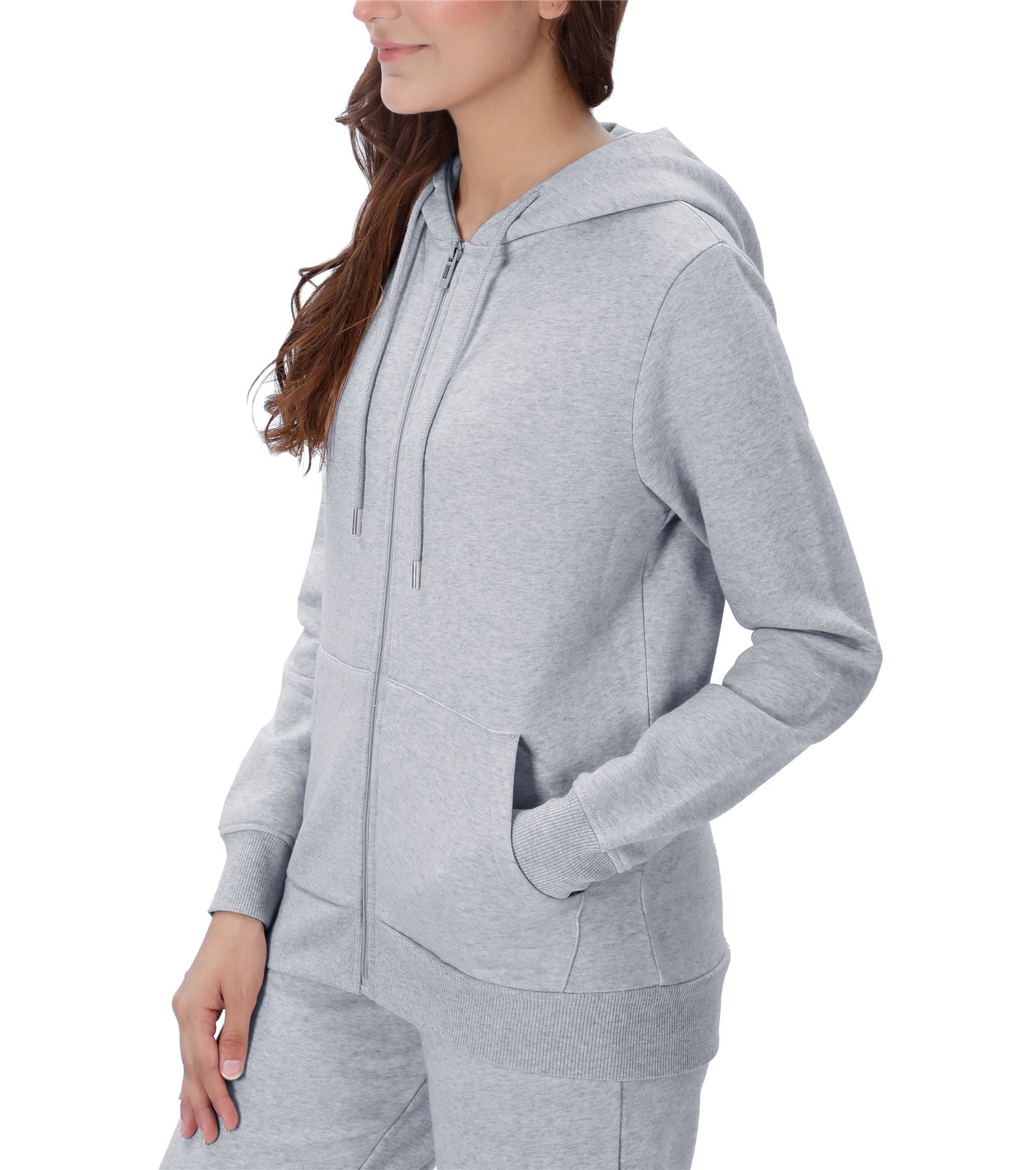 M17 Women's Full Zip Hoodie Jacket, Light Grey Marl, Front Pockets, Ribbed Waist and Cuffs