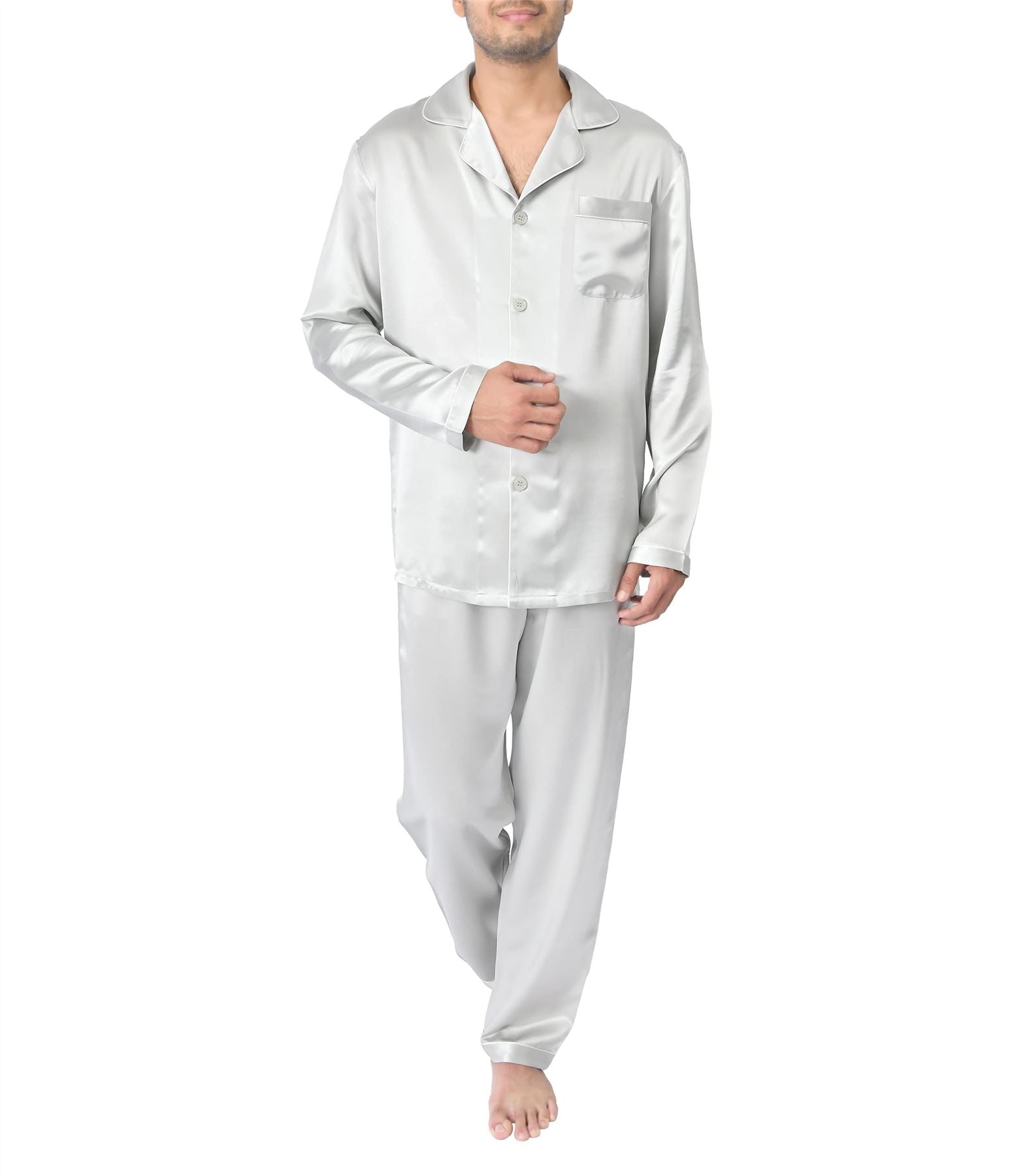 Sleepdown Men’s Silk Long Pyjama Set, Silver