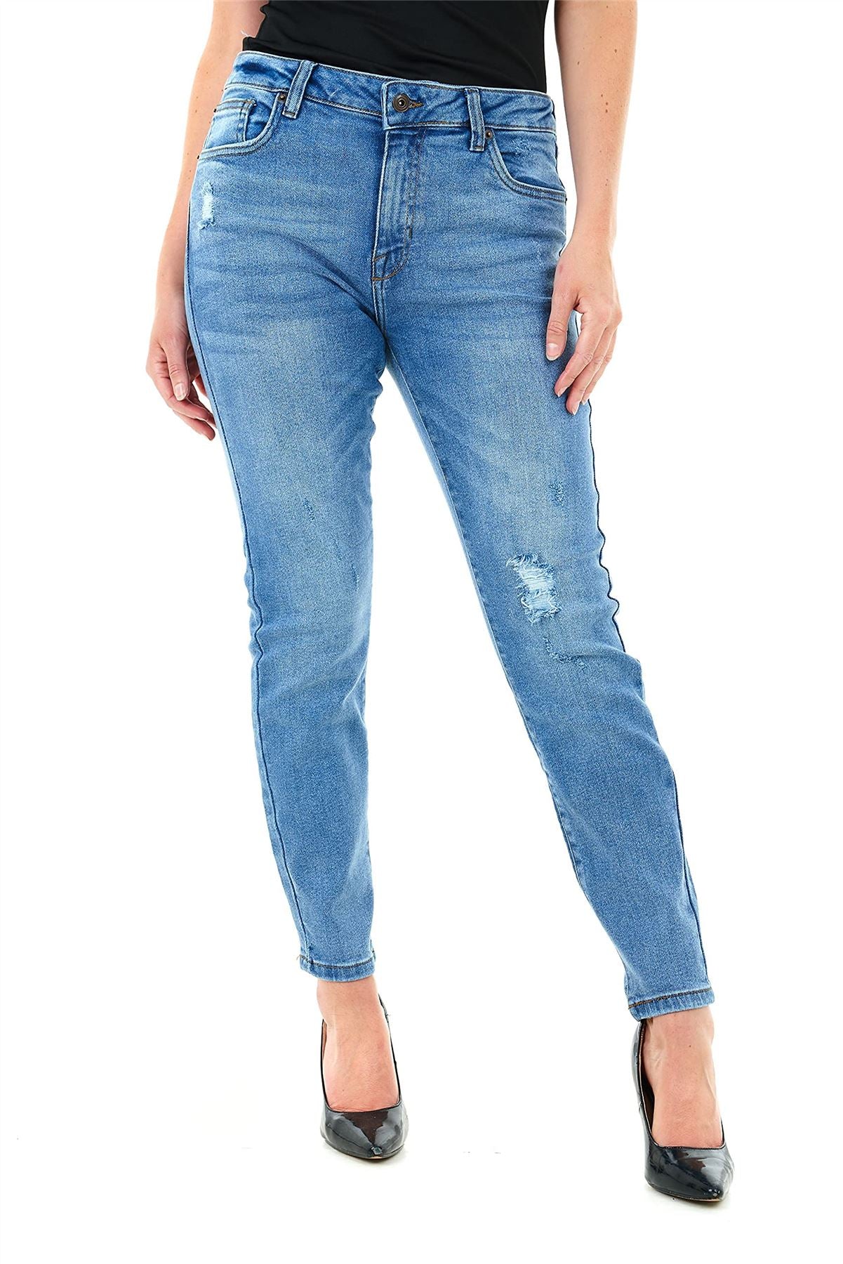 M17 Skinny Fit Knee Ripped Stretchy Denim Jeans, Mid Blue Wash