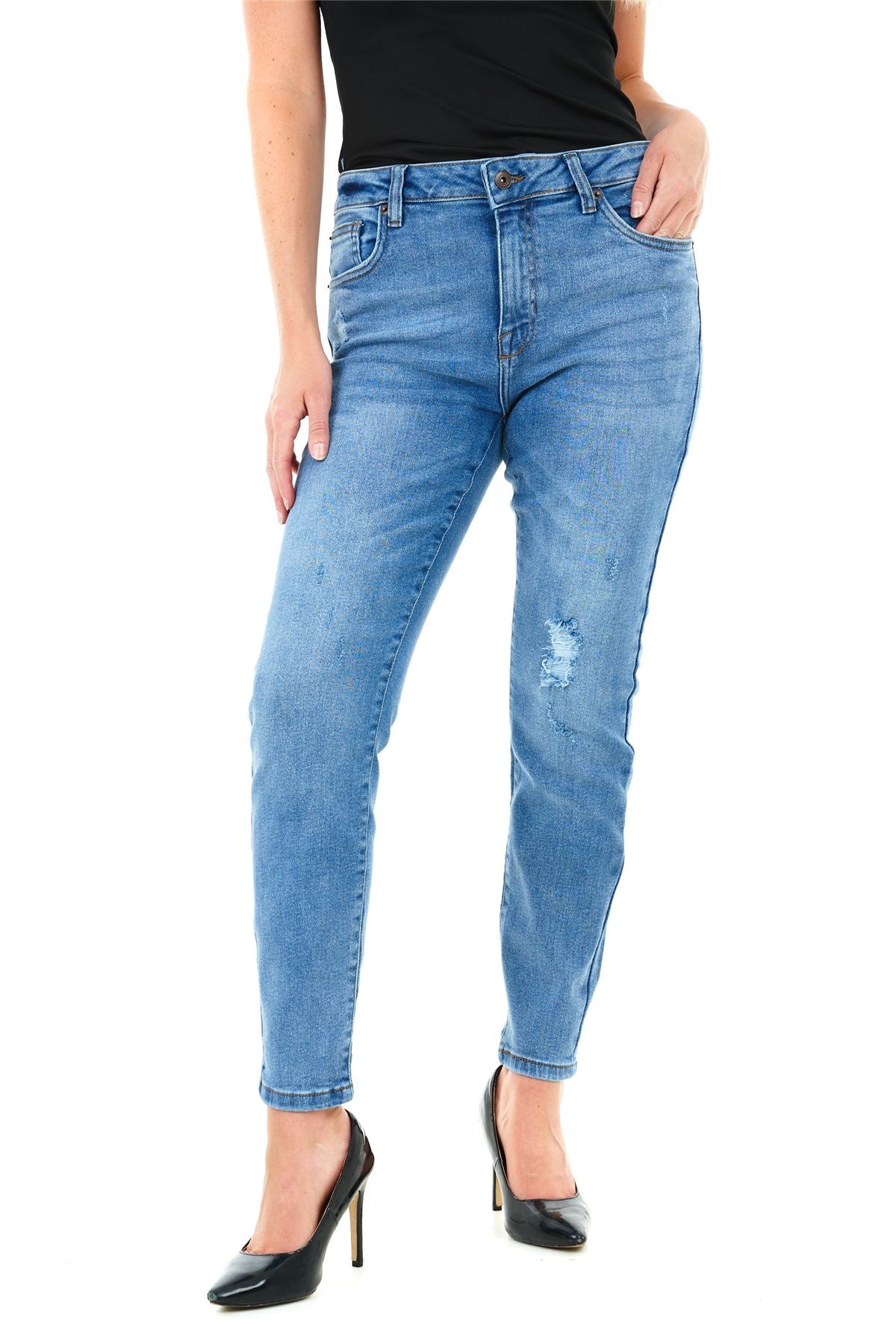 M17 Skinny Fit Knee Ripped Stretchy Denim Jeans, Mid Blue Wash