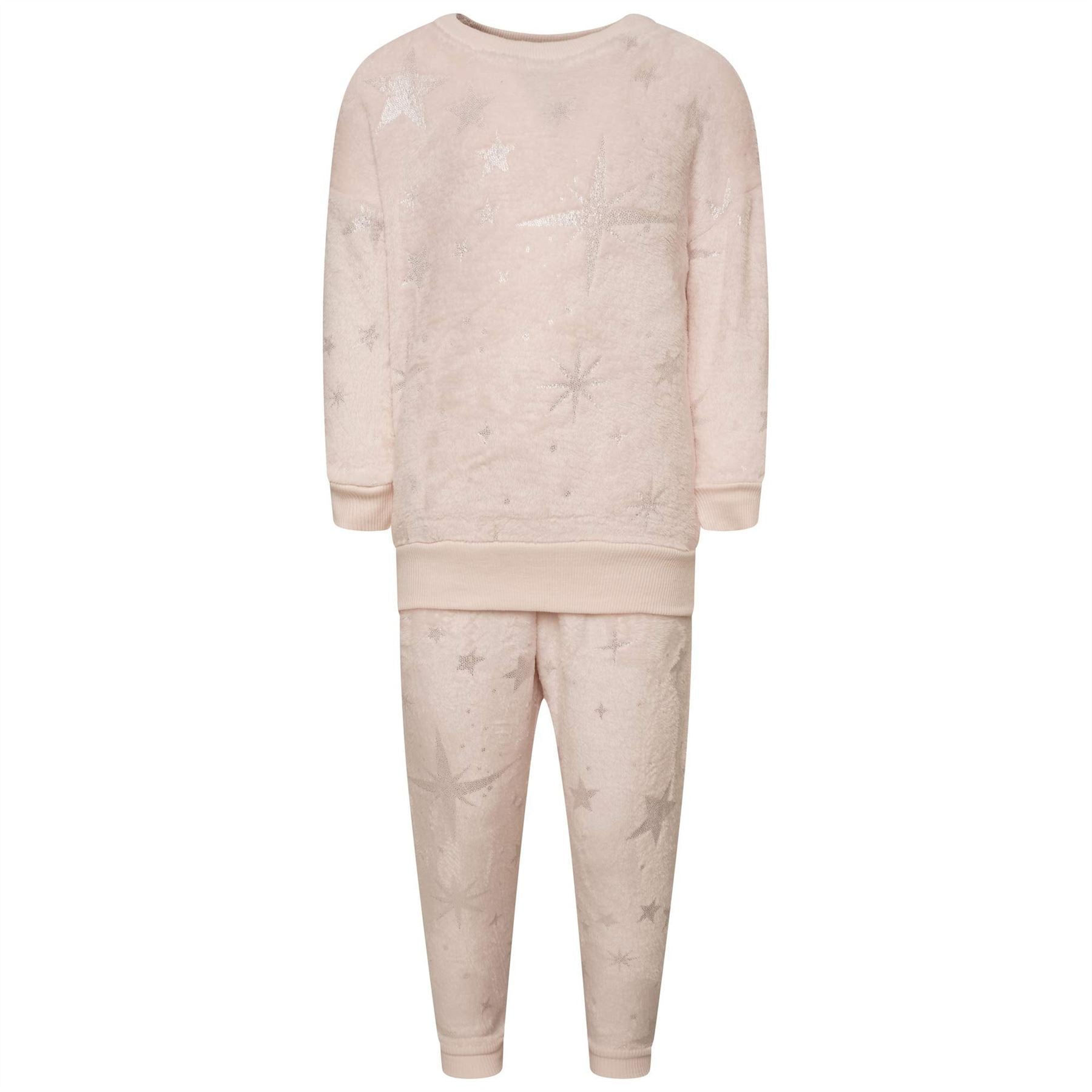 Sleepdown Girls Star Foil Fleece Pyjamas Set Blush 2 Piece Long Sleeve Top and Bottoms