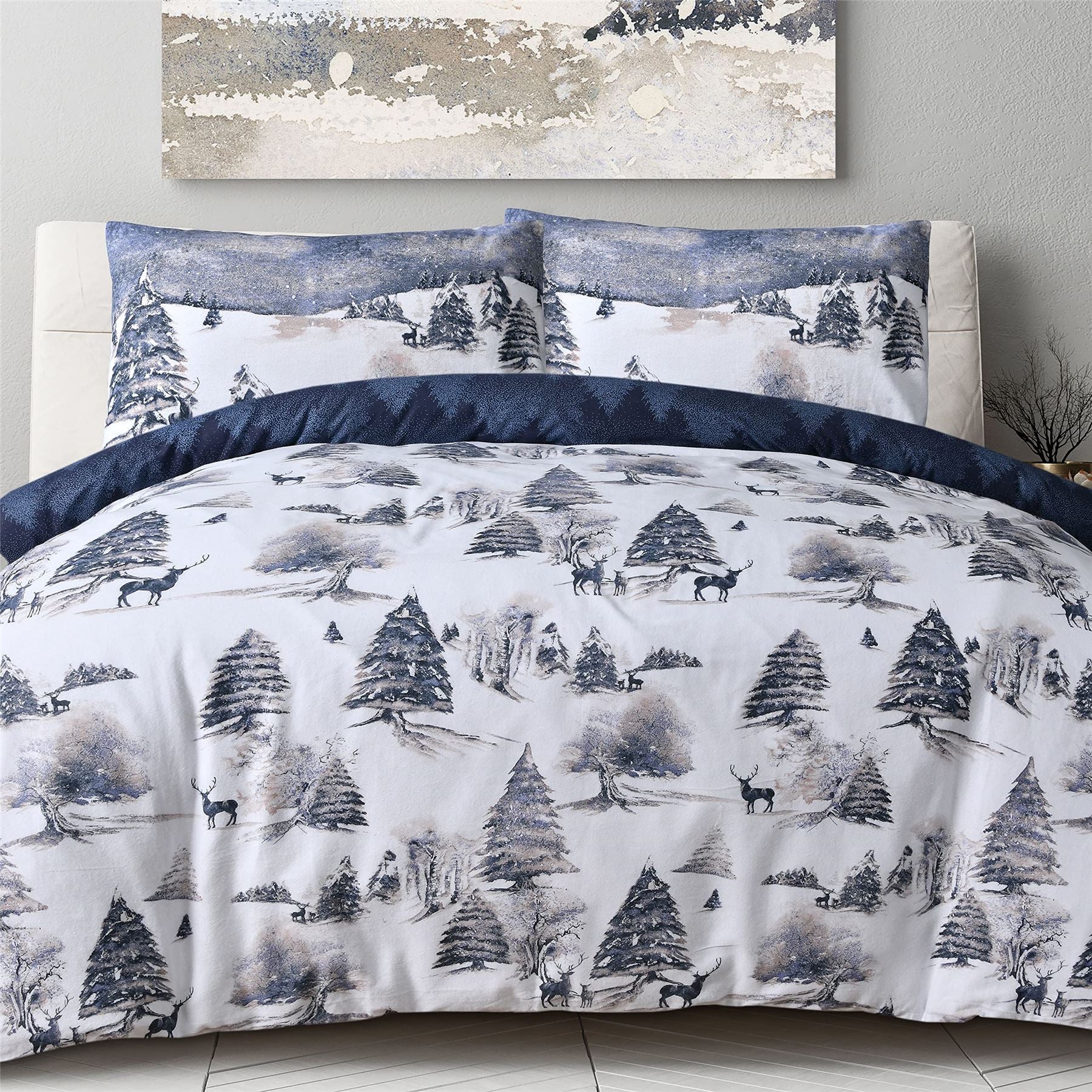 Sleepdown Stag Winter Scene Reversible Duvet Cover Set Navy with Pillowcases