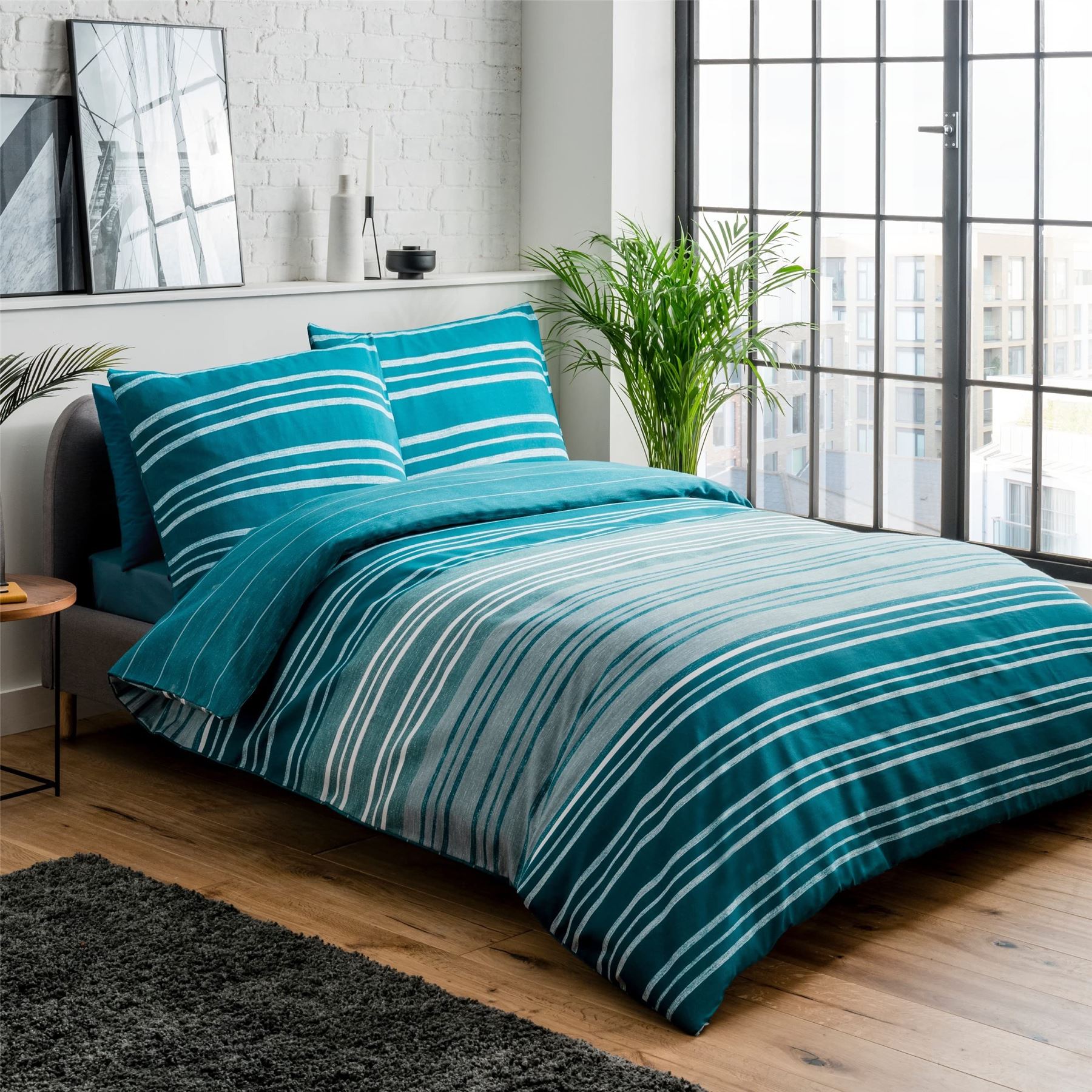Sleepdown Textured Stripe Teal Duvet Cover Set, Pure Quality Range