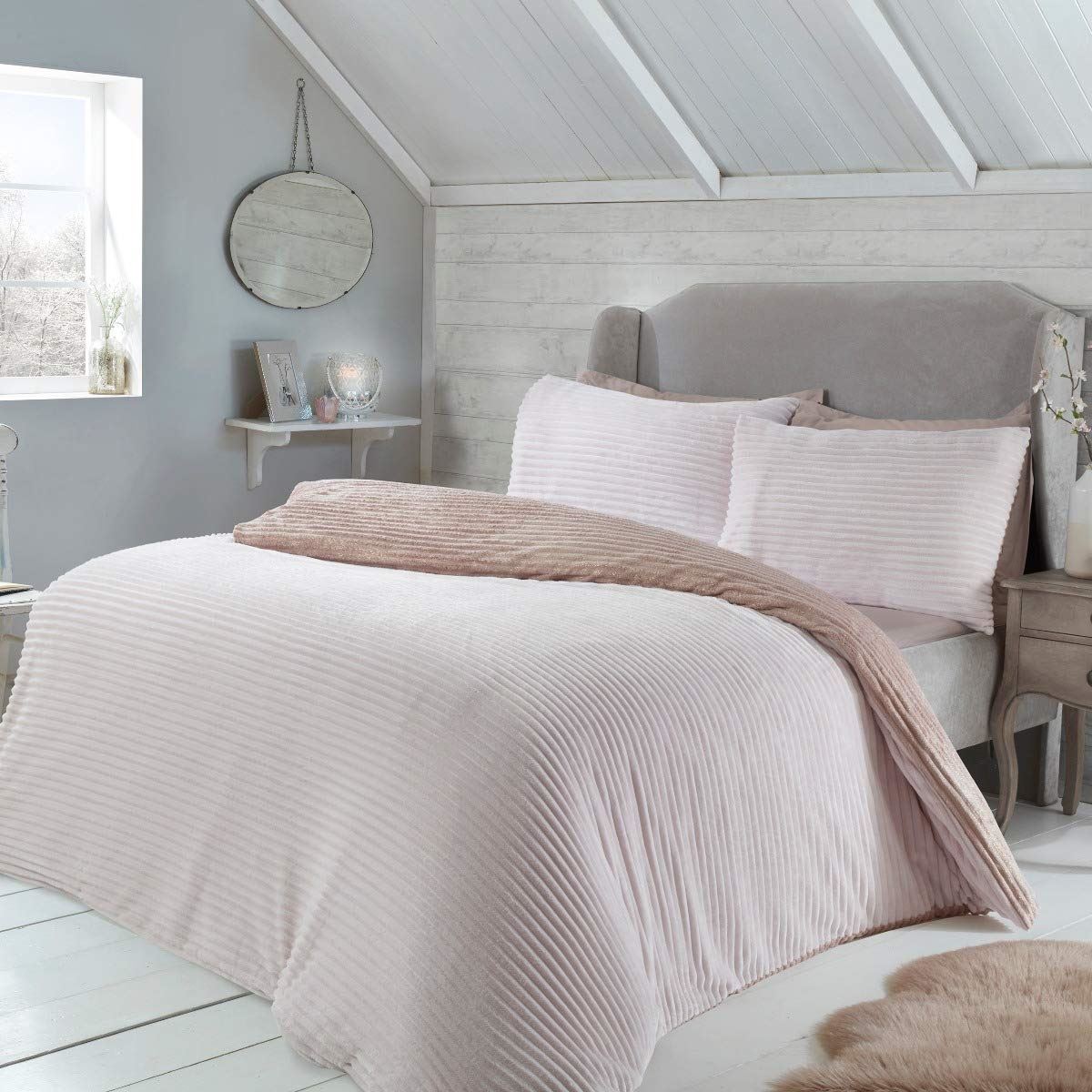 Sleepdown Ribbed Fleece Reversible Bedding Set with Pillowcases, Blush, Duvet 200cm x 200cm, Pillowcases 48cm x 74cm