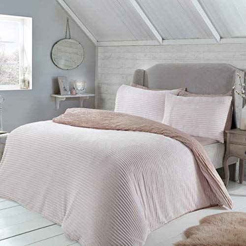 Sleepdown Ribbed Fleece Reversible Bedding Set with Pillowcases, Blush, Duvet 200cm x 200cm, Pillowcases 48cm x 74cm