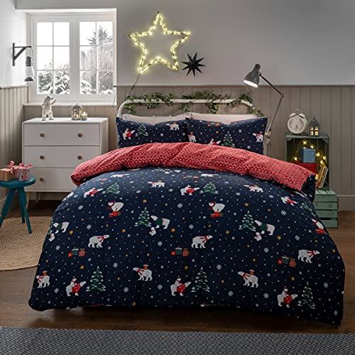 Sleepdown Christmas Polar Bear Reversible Duvet Cover and Pillowcase Set, Double, Navy