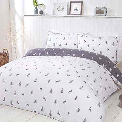 Sleepdown Stag and Trees Grey Reversible Double Duvet Cover Set with 2 Pillowcases, Brushed Cotton Bedding Range