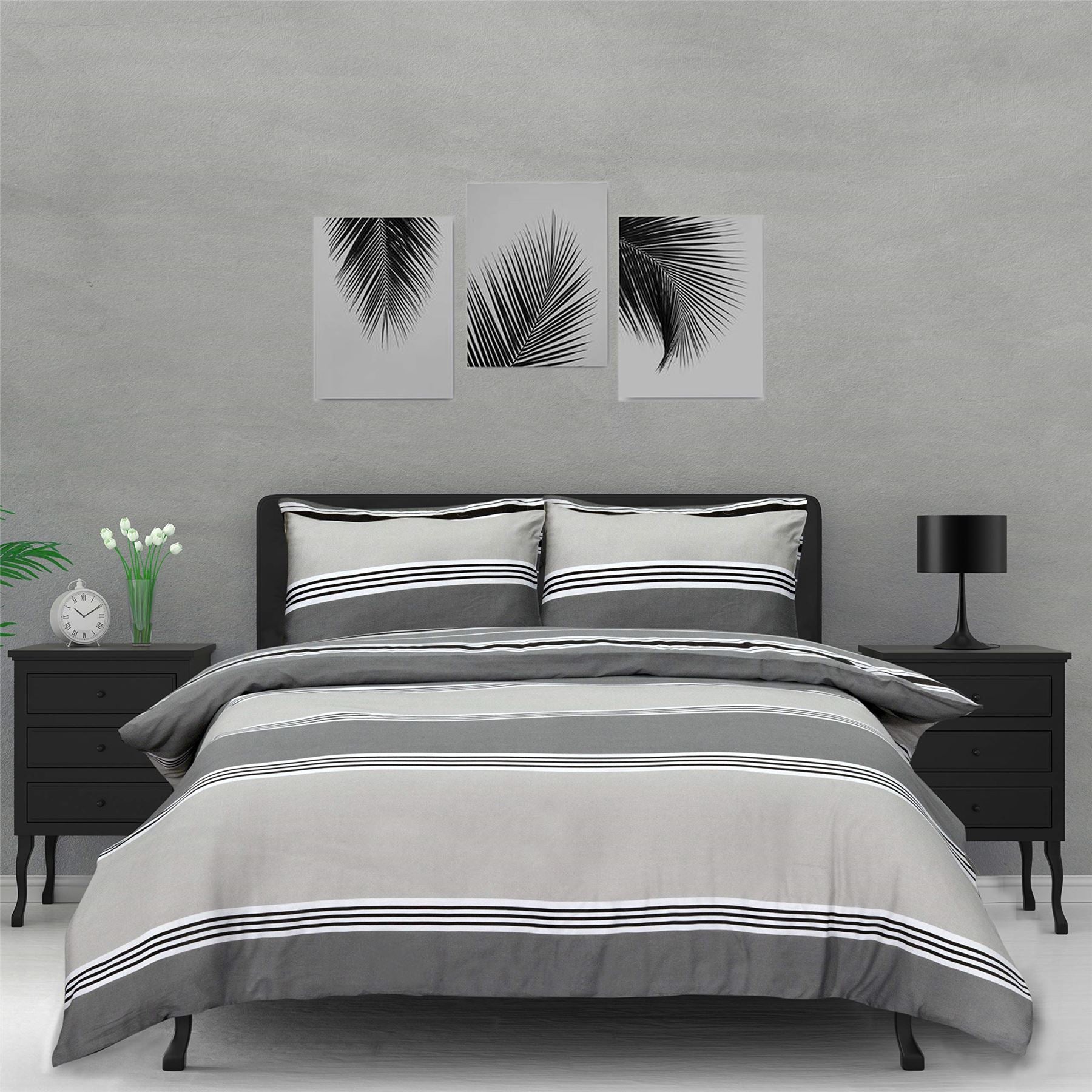 Sleepdown Banded Stripe Grey Reversible Duvet Cover and Pillowcase Set