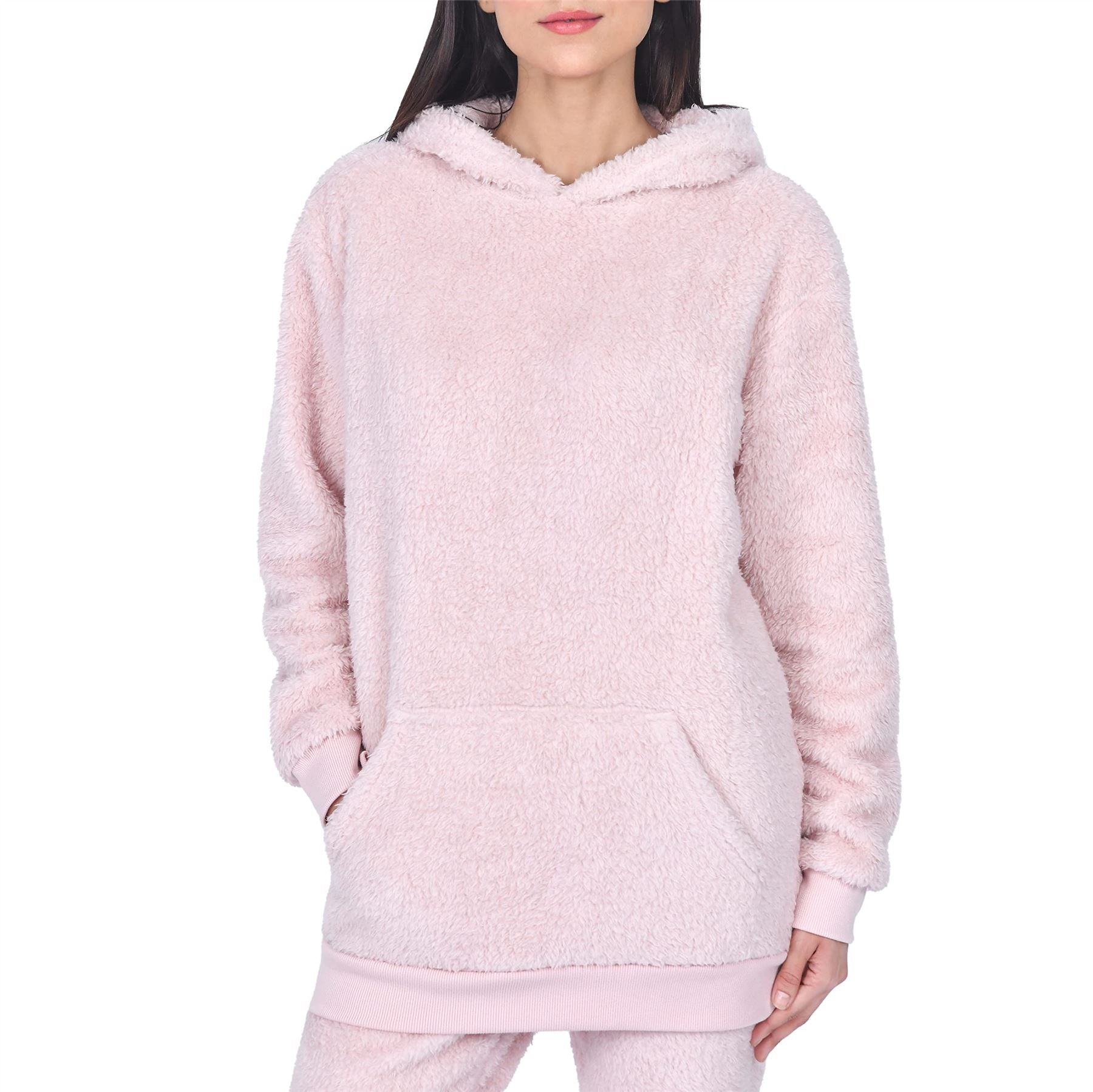 Sleepdown Ladies Teddy Fleece Hoodie Blush with Kangaroo Pocket and Cuffed Trim