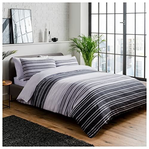 Textured Striped Black and White Duvet Cover Set with Pillowcase(s) | Sleepdown Pure Quality Range