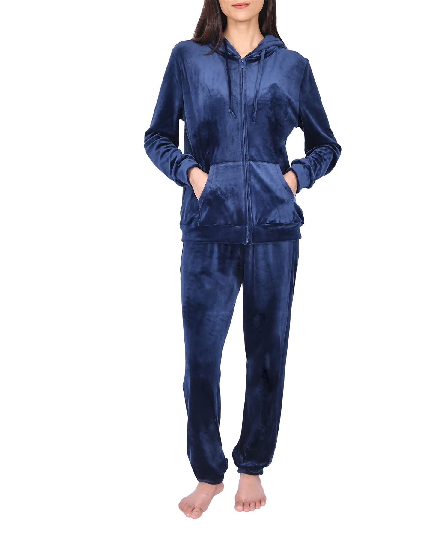 Women’s 2 Piece Velour Tracksuit Hooded Zip Up Top with Pockets and Elasticated Waist Joggers