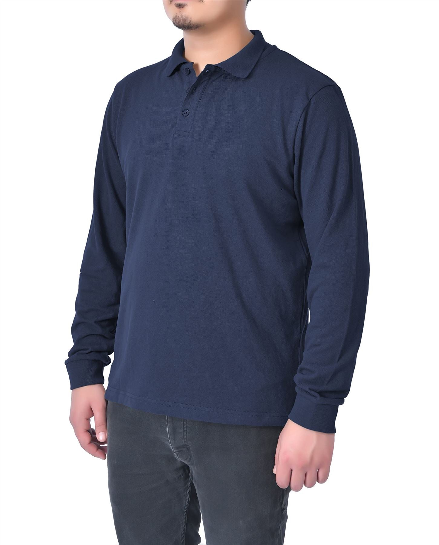 M17 Mens Long Sleeve Polo Shirt Navy 100% Cotton 3 Button Machine Wash