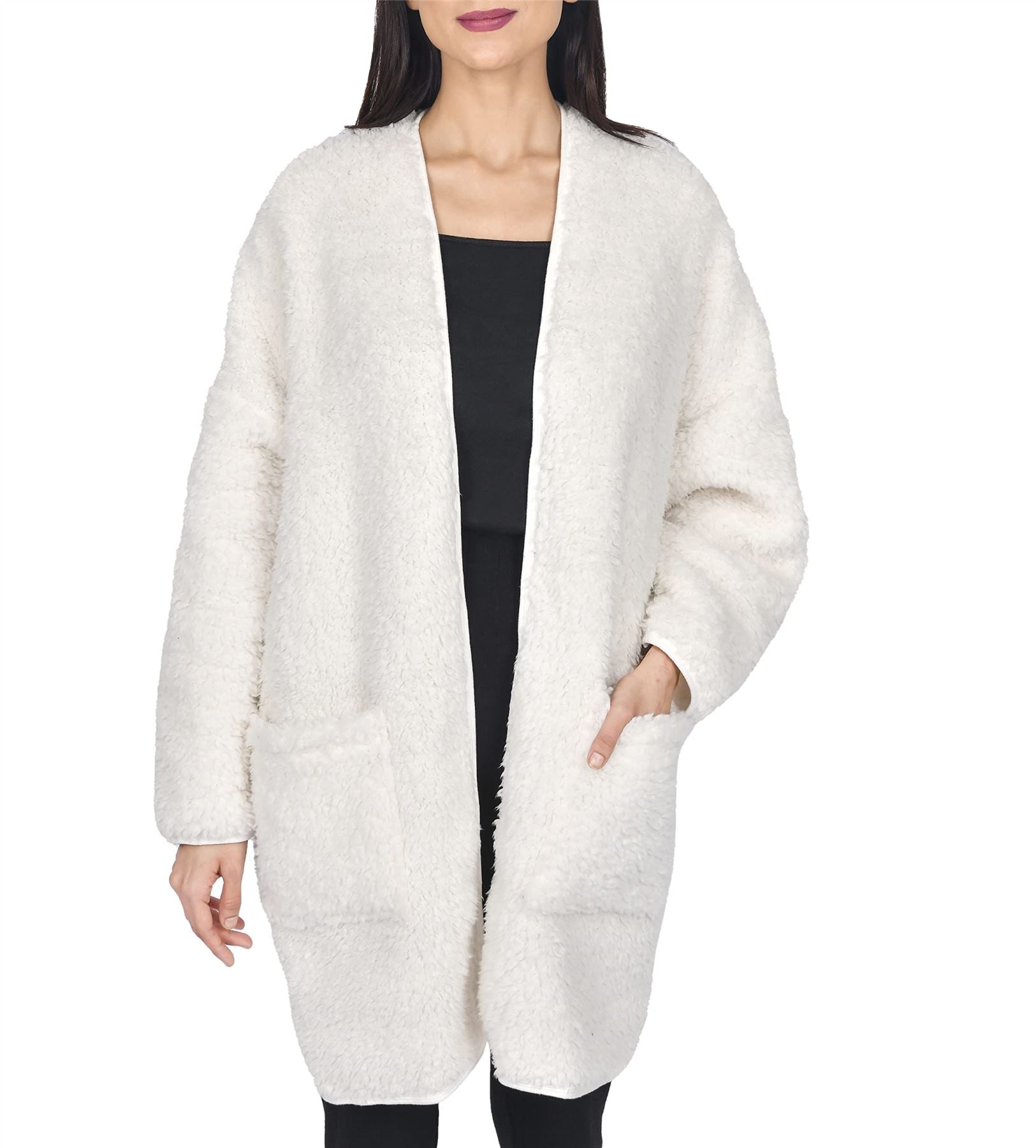 Sleepdown Ladies Borg House Coat with Rib Placket, Open Front Relaxed Fit Sherpa Fleece, Patch Pockets