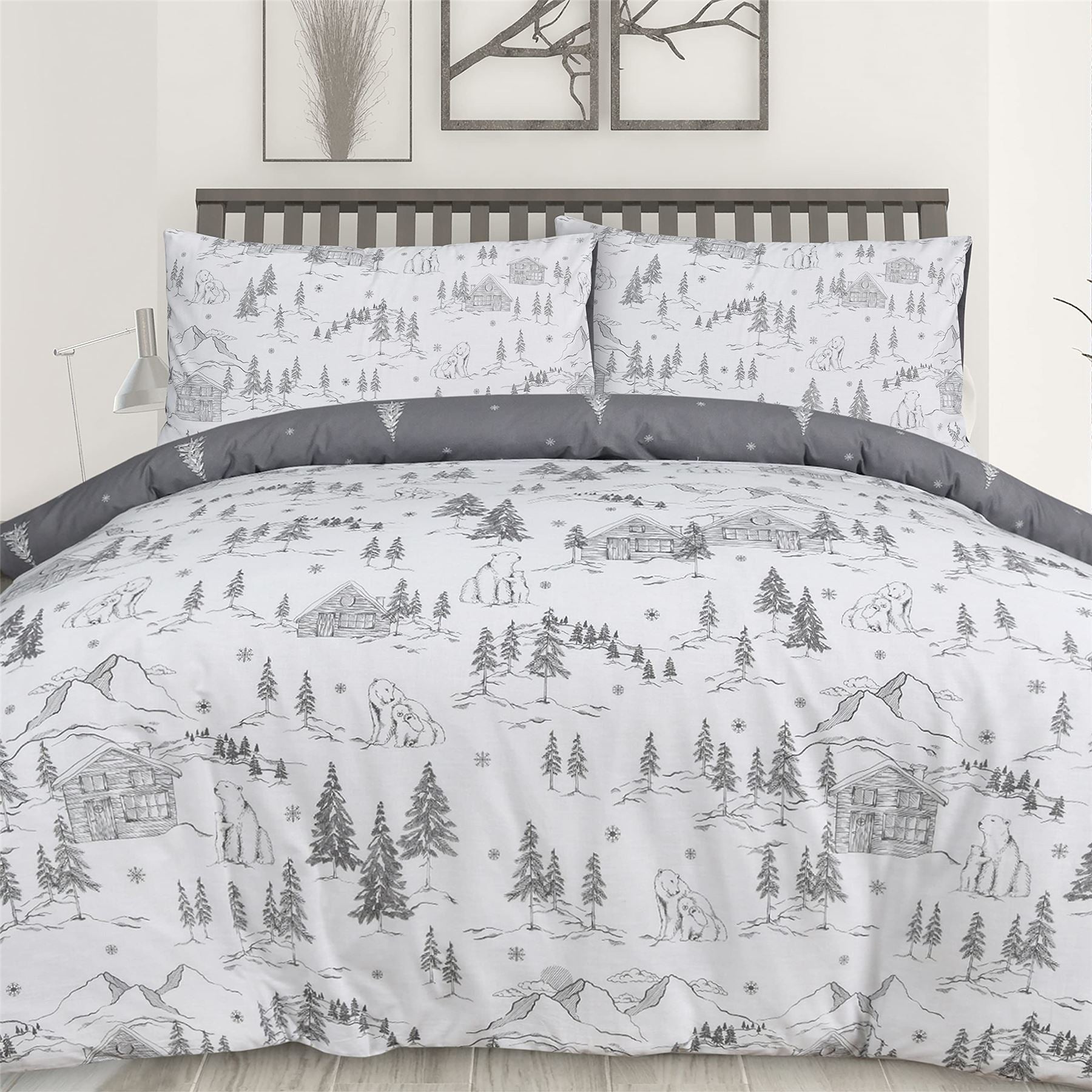 Sleepdown Mountain Polar Bear Reversible Duvet Cover Set Grey Double with 2 Pillowcases