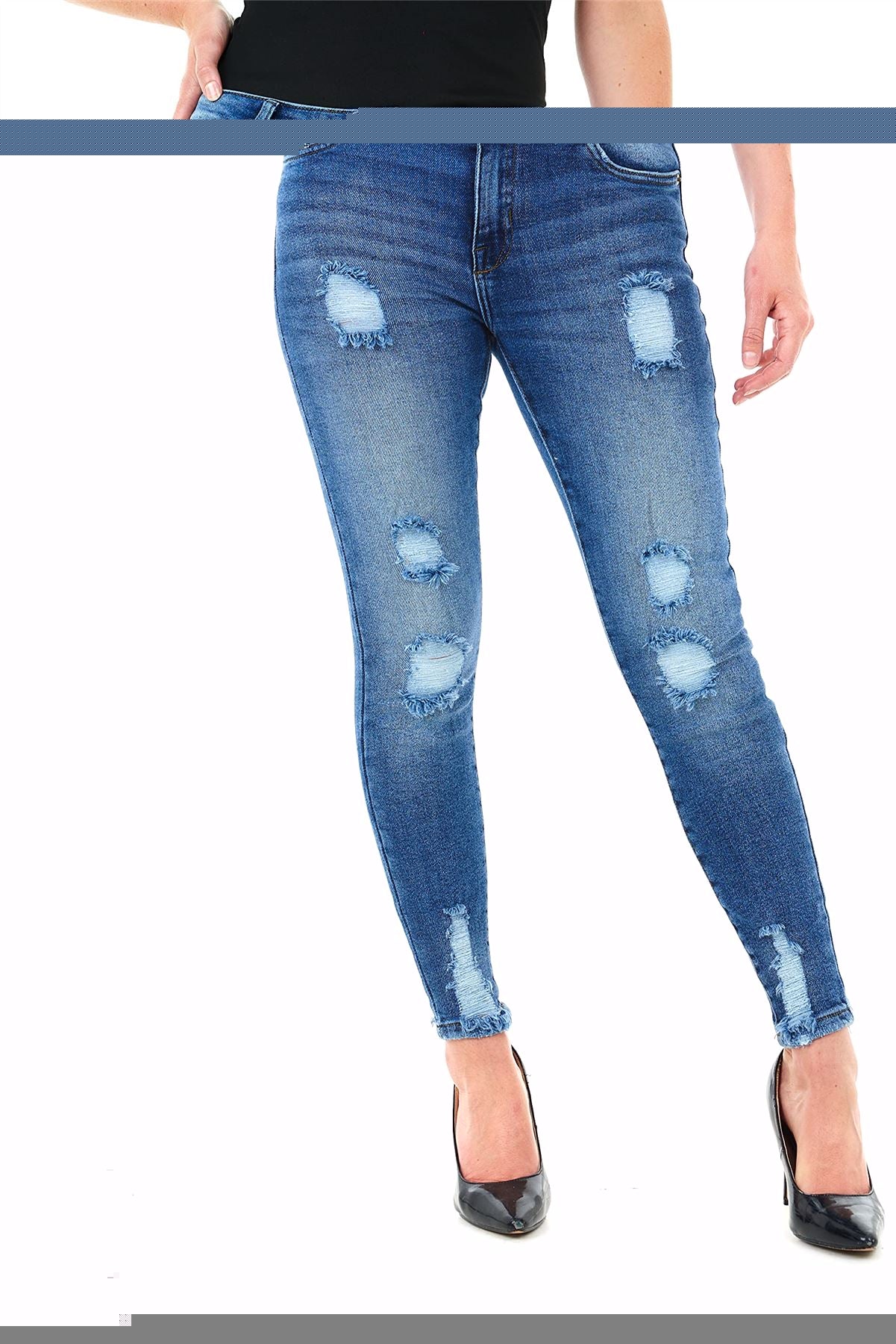 M17 Multi Rip Skinny Fit Ripped Stretchy Denim Jeans, Dark Blue Wash