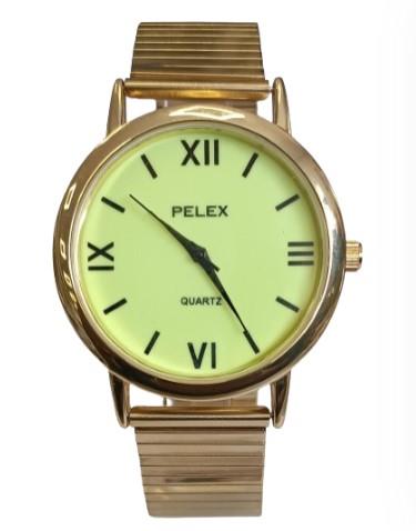 Pelex Mens Big Roman number Gold Case Night Glow Dial Gold Bracelet Strap Quartz Watch