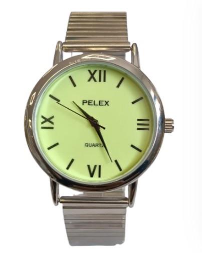 Pelex Men's Silver Quartz Watch with Roman Numeral Night Glow Dial and Silver Bracelet Strap