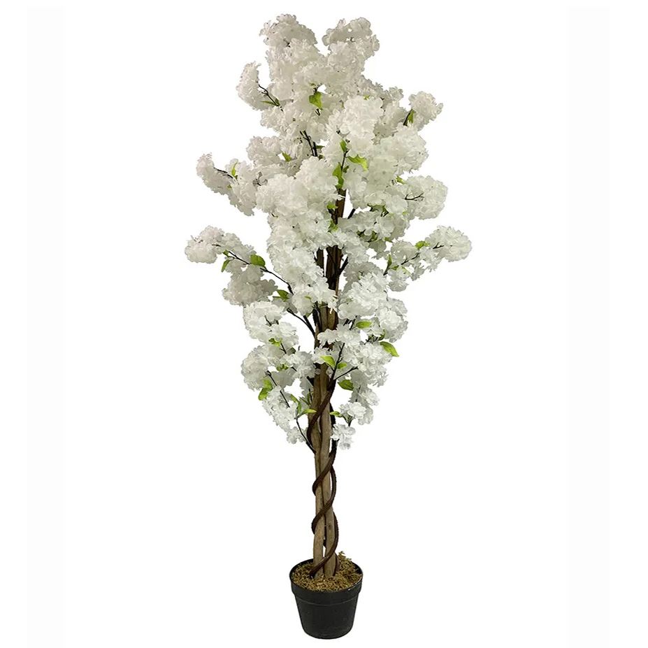 150cm Artificial White Cherry Blossom Tree, Fully Assembled in Pot