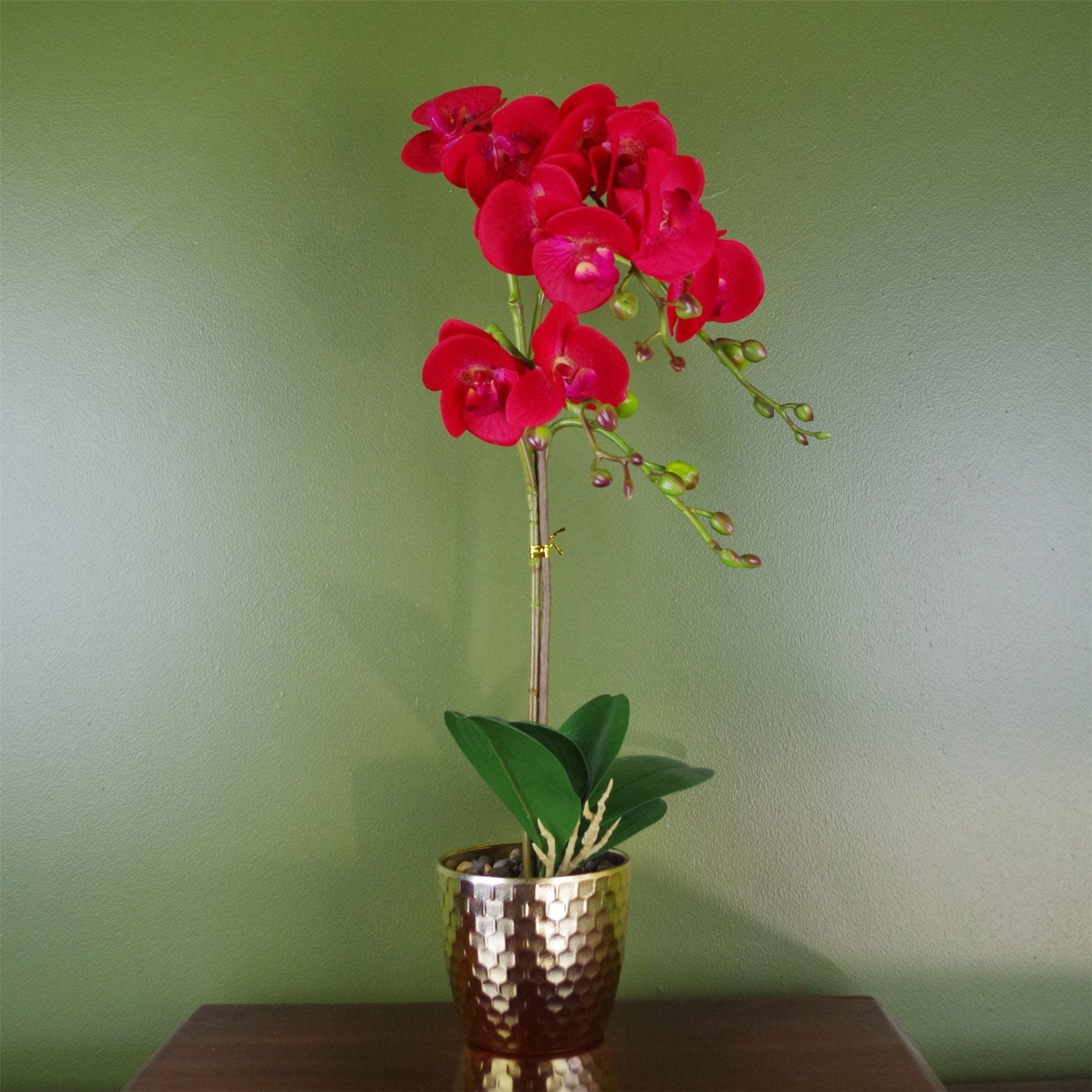 50cm Artificial Phalaenopsis Orchid with Real Touch Leaves and 10 Flowers in Gold Honeycomb Pot