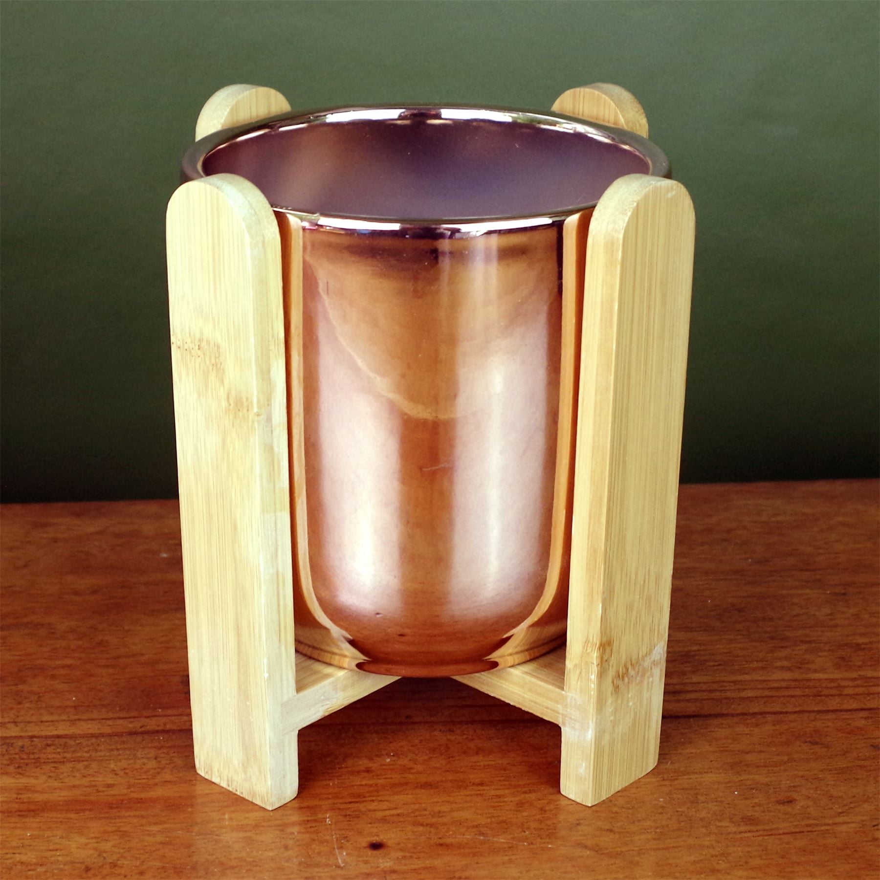 Leaf Gold Ceramic Planter with Bamboo Stand, 15 x 15 x 16 cm, 11 cm Inner Hole Diameter Plant Pot