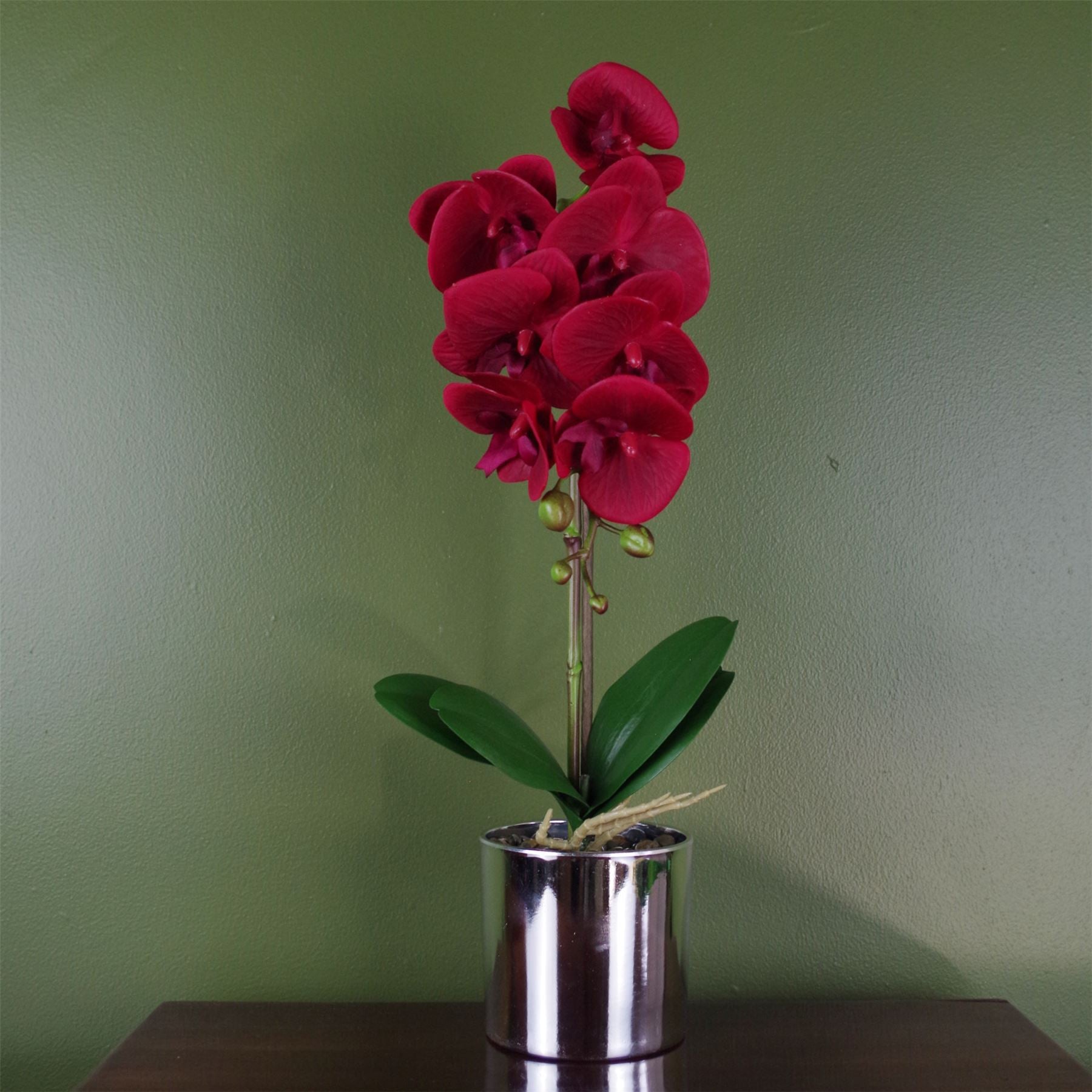 Leaf 46cm Red Artificial Orchid with Silver Pot