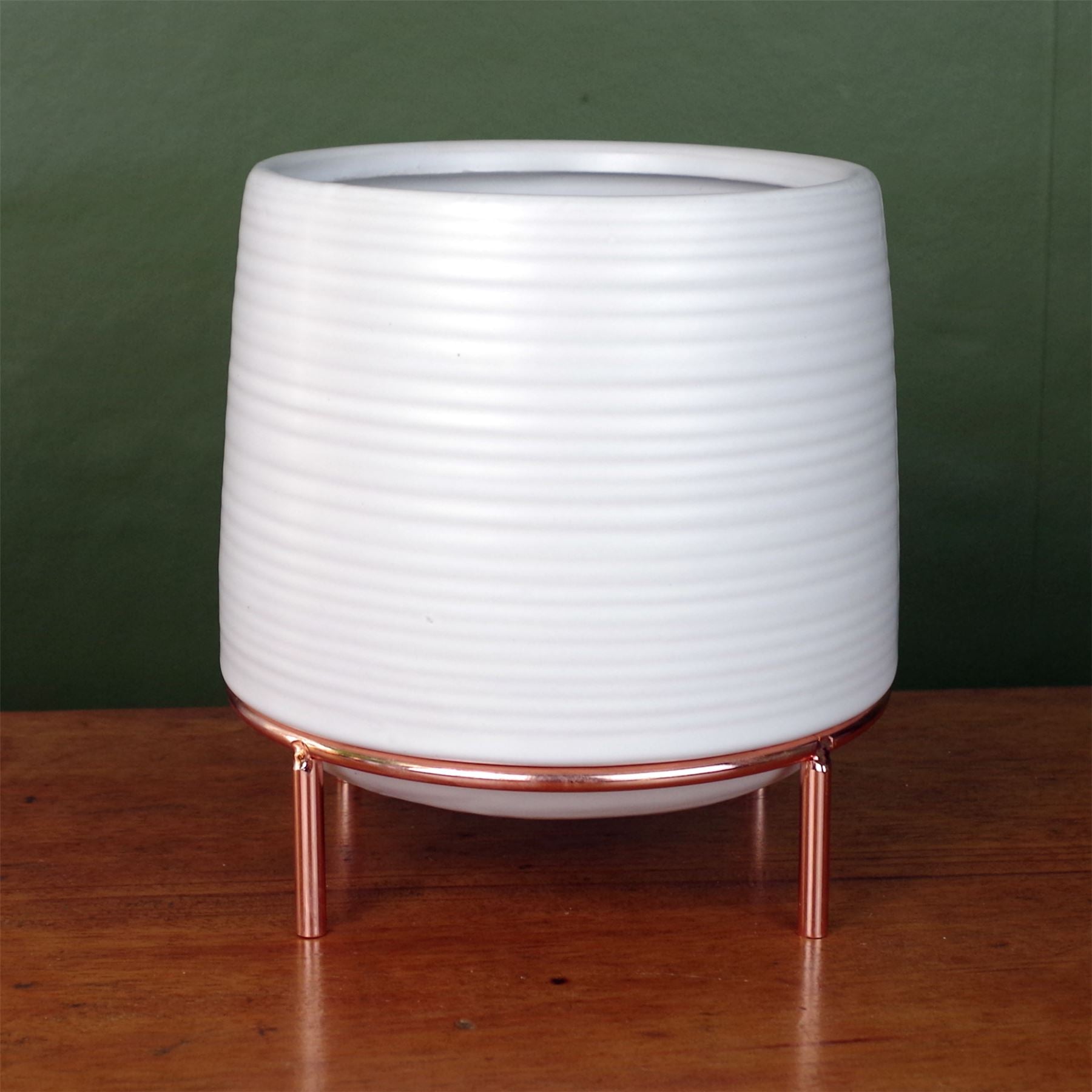 White Ceramic Planter with Metal Stand, 17cm Plant Pot, 18cm Tall