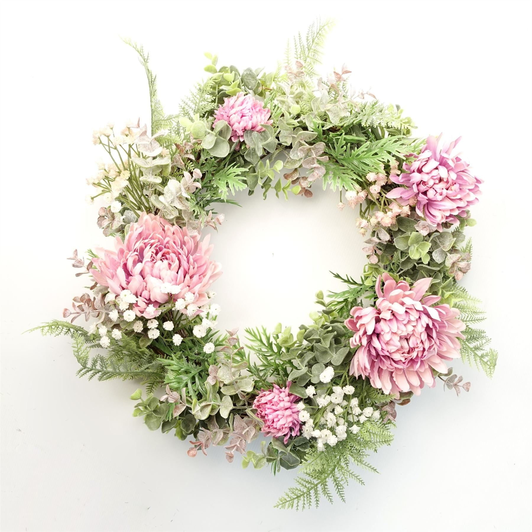 Leaf 45cm Artificial Pink Blossom Wreath on Natural Woven Base