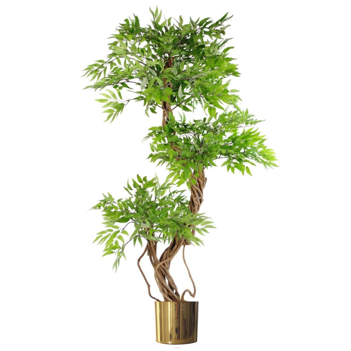 140cm Realistic Artificial Ruscus Tree with Natural Wood Trunk and Brushed Brass Metal Planter