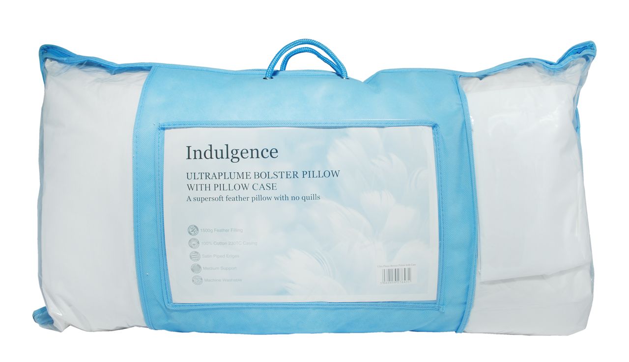 Indulgence Ultraplume 36 Inch Quilless Feather Bolster Pillow, 100% Cotton Case