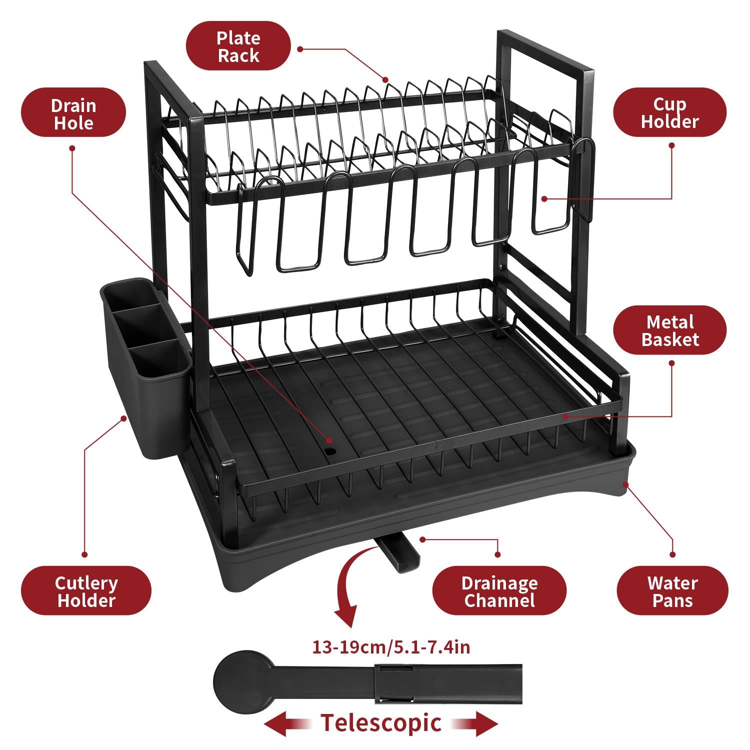 VINSANI 2 Tier Detachable Dish Drainer Black