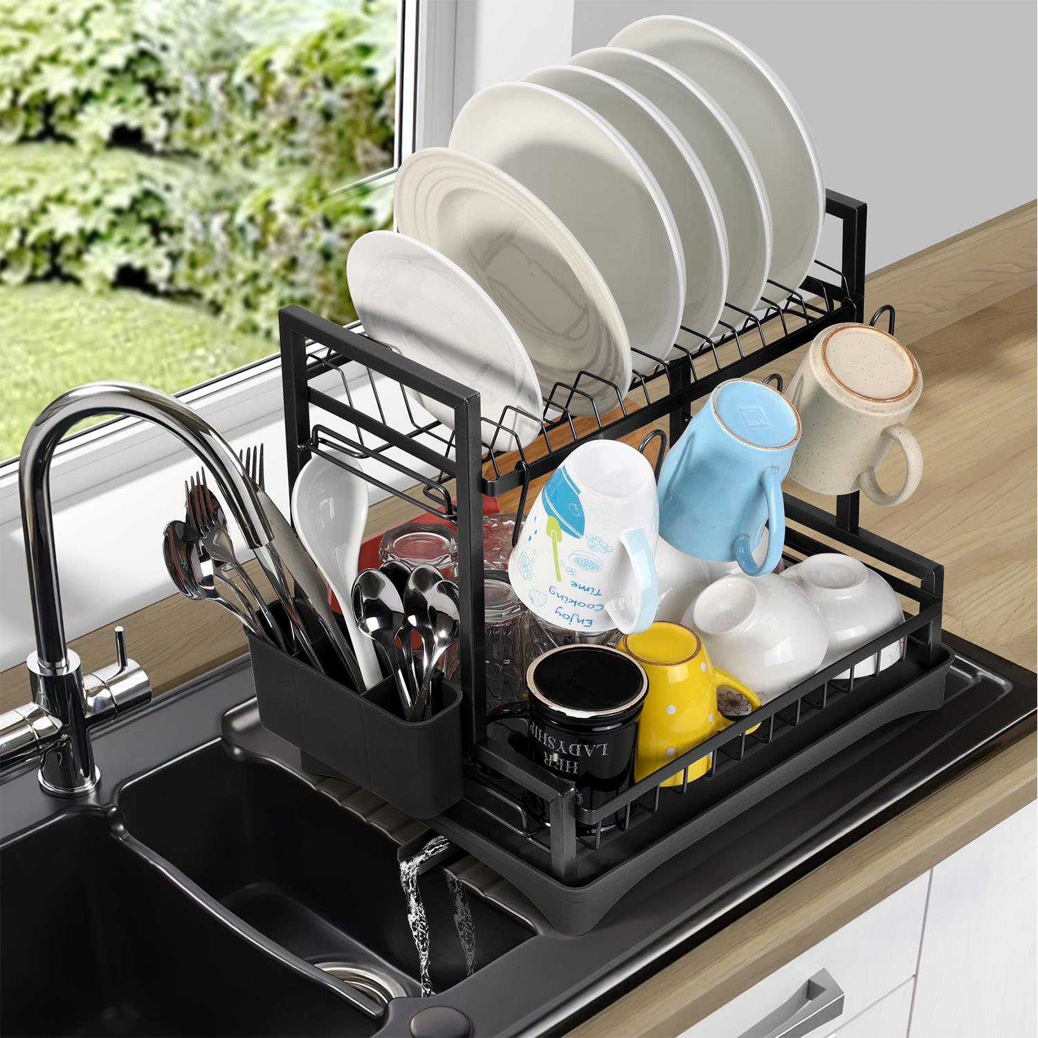 VINSANI 2 Tier Detachable Dish Drainer Black