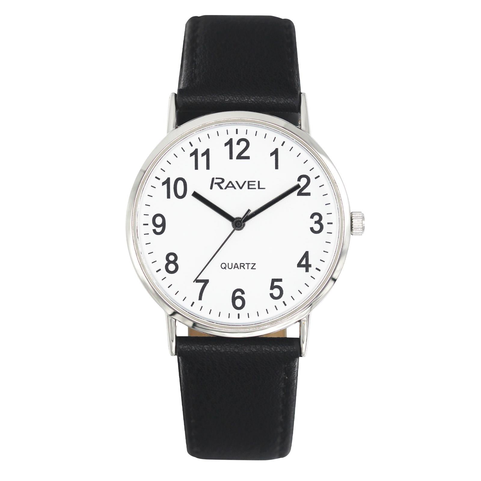 Ravel Men's Classic Big White Dial Black Leather Strap Watch