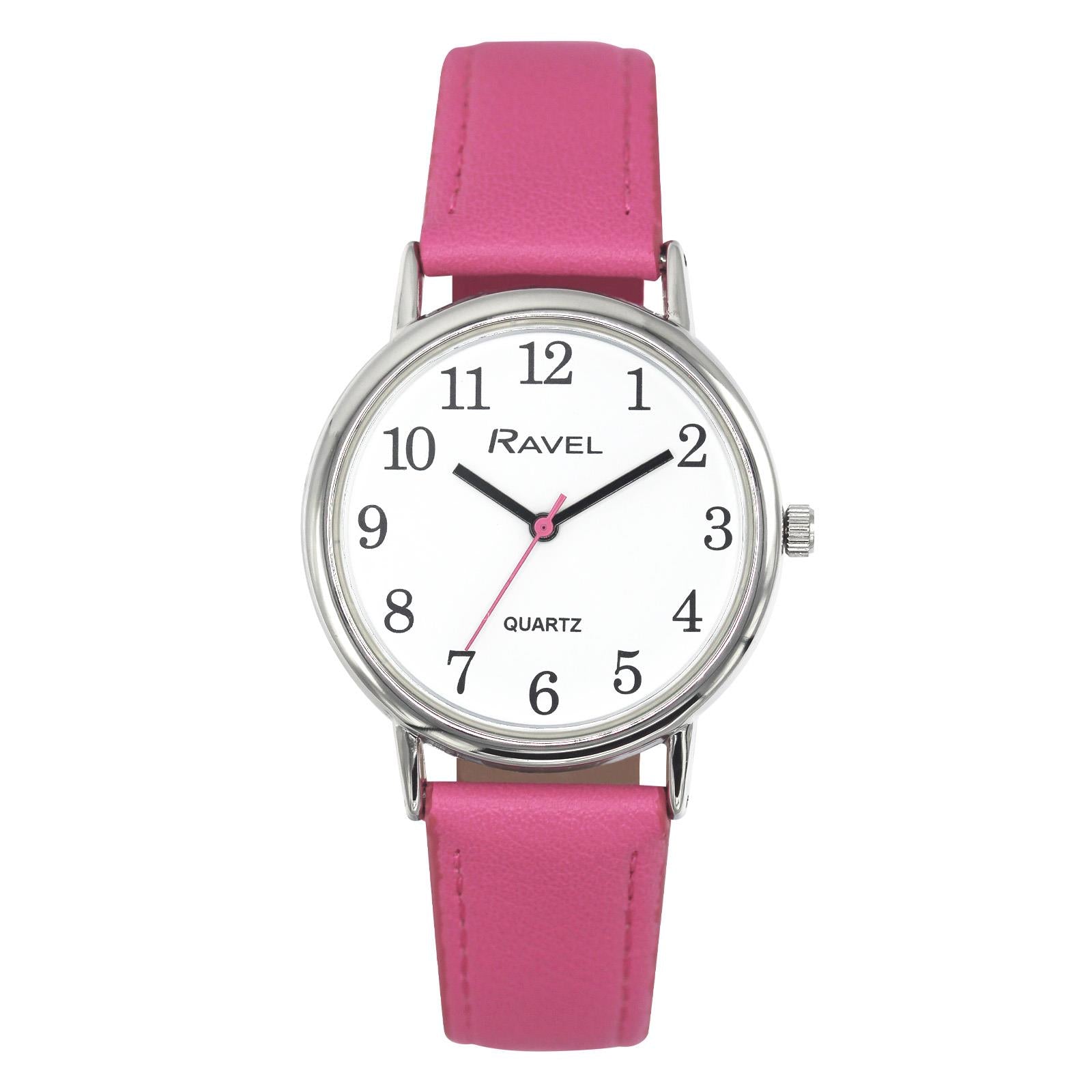 Ravel Ladies Classic White Dial Pink Leather Strap Watch