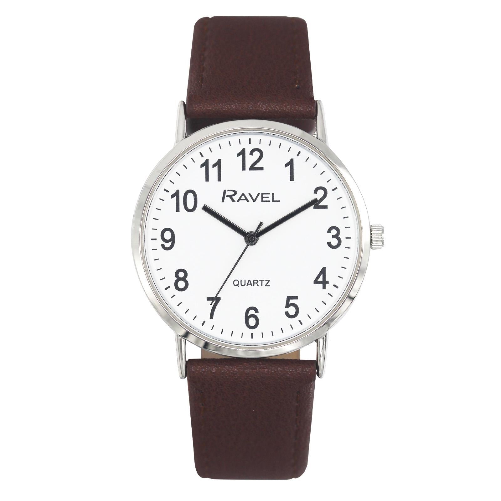 Ravel Mens Classic Watch with Big White Dial and Brown Leather Strap