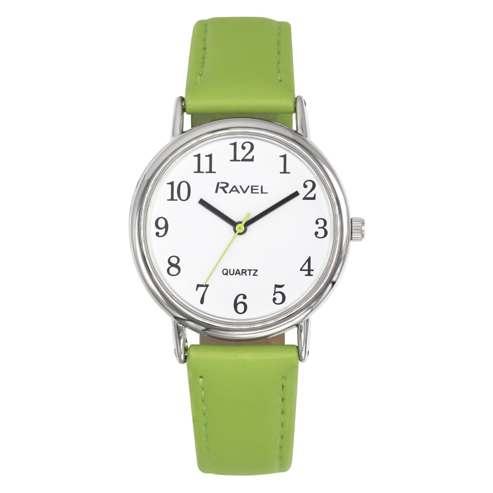 Ravel Ladies Classic White Dial Green Leather Strap Watch