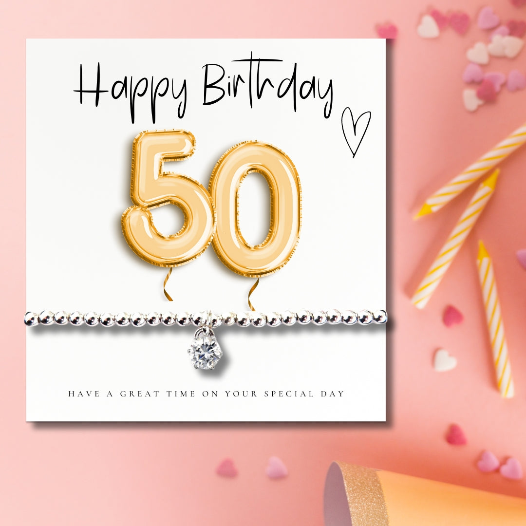 50th Birthday Gold Balloons Bracelet & Message Card Gift