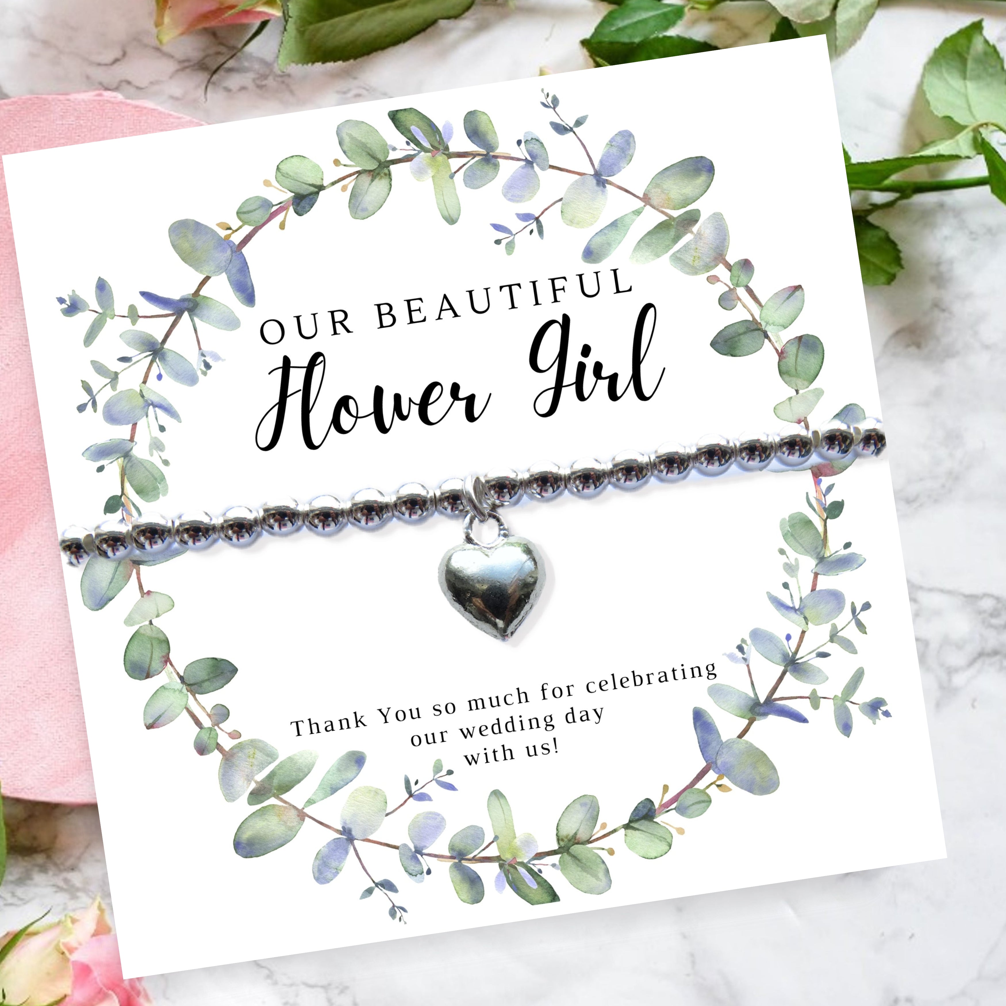 Flower Girl Thank You Card with Silver Beaded Heart Bracelet