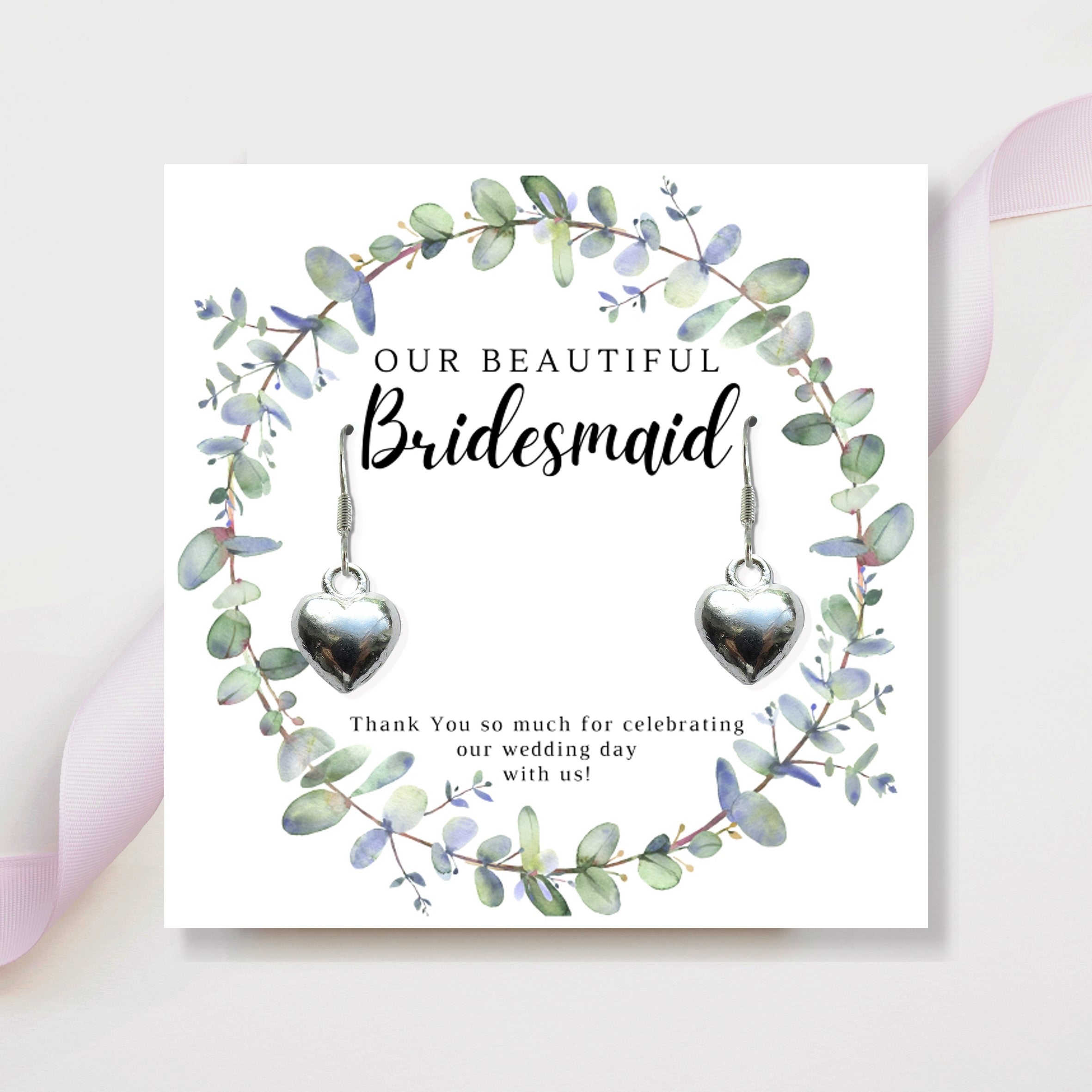 Bridesmaid Heart Earrings and Eucalyptus Thank You Card Gift Set