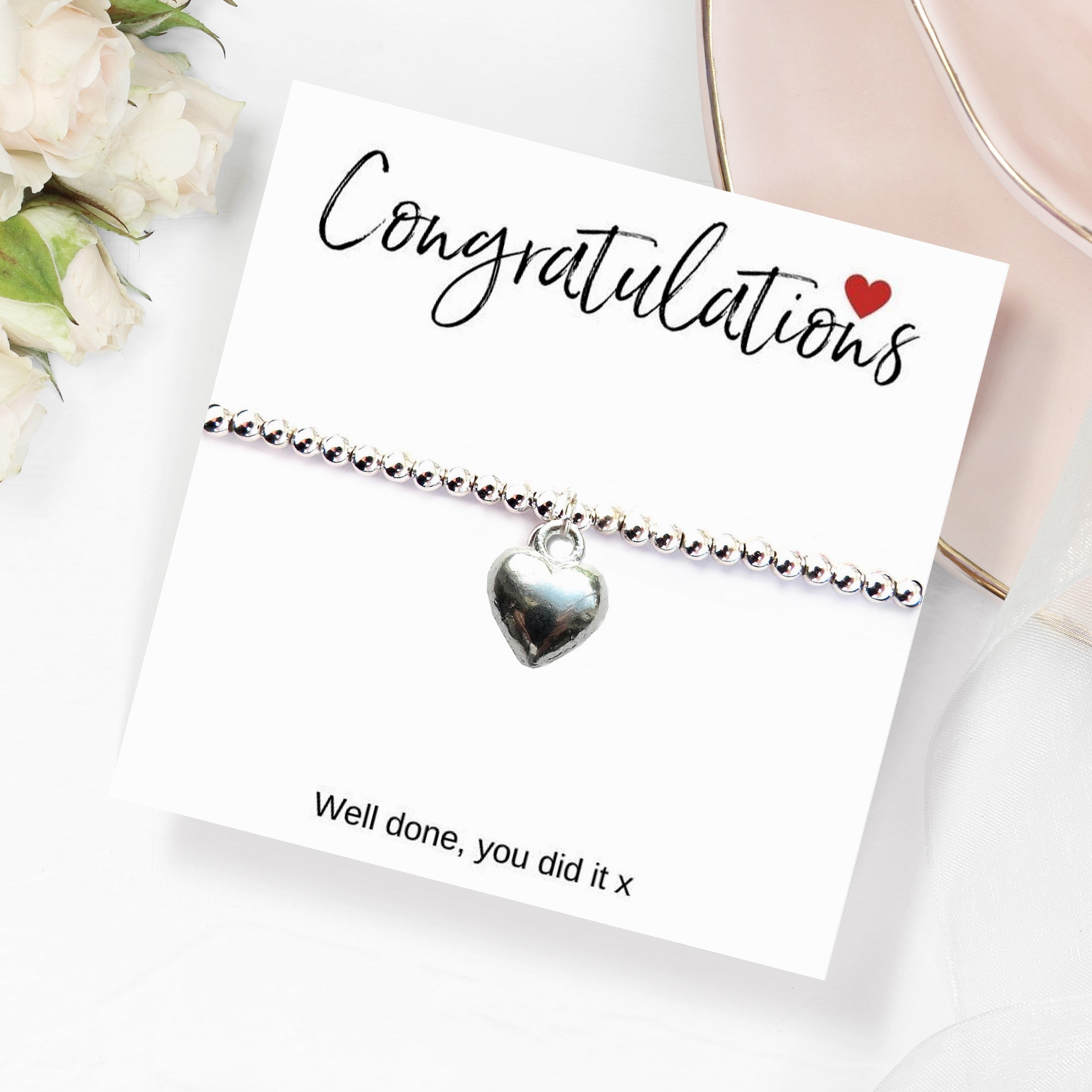 Congratulations Beaded Bracelet with Silver Heart Charm & Message Card