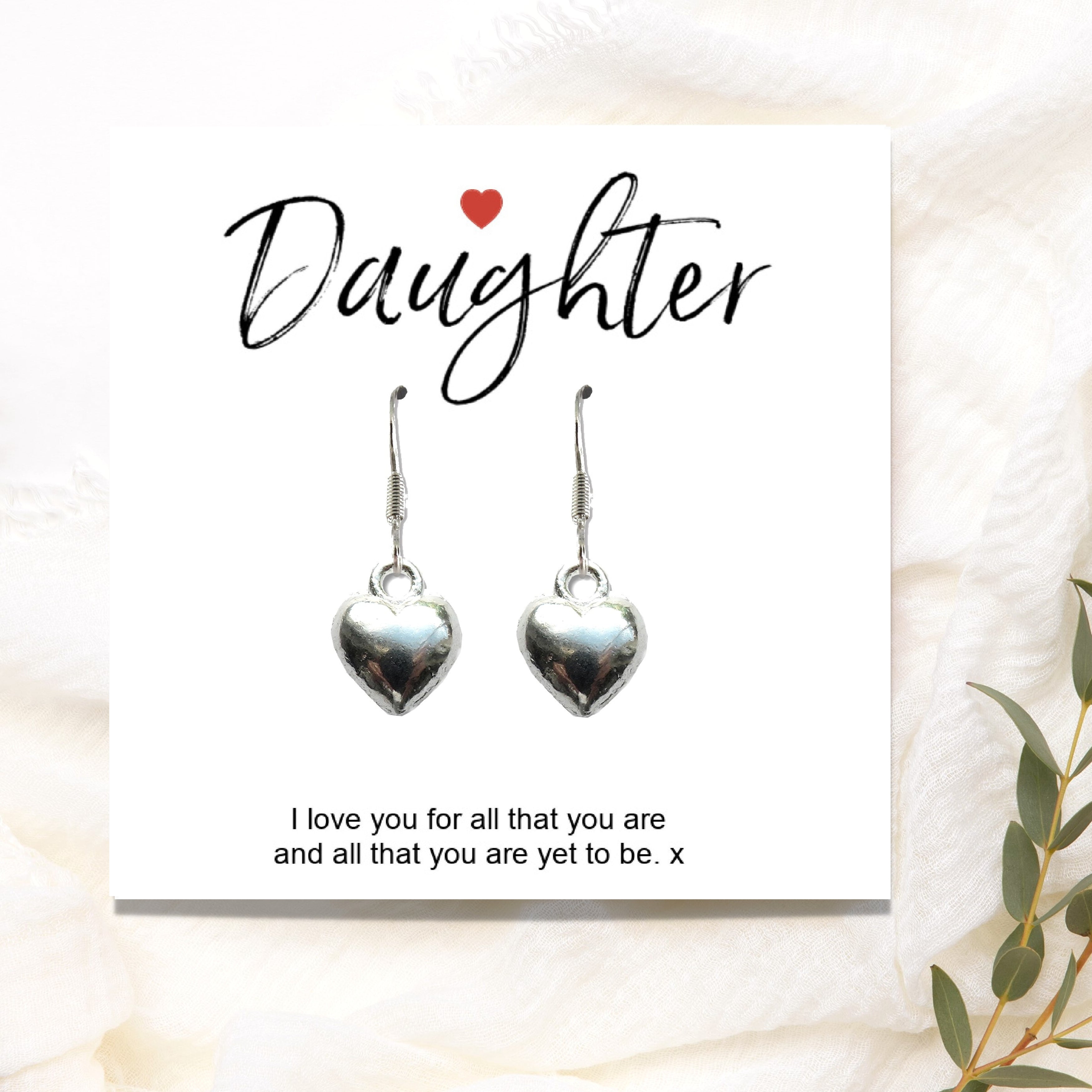 Daughter Heart Earrings Gift Card in Black Gift Box